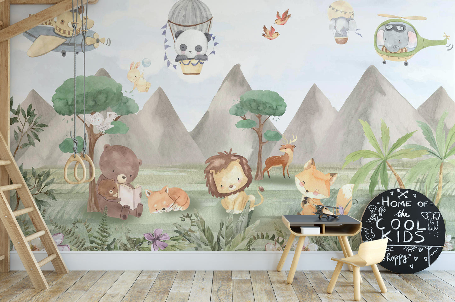 Whimsical safari animal forest mural design
