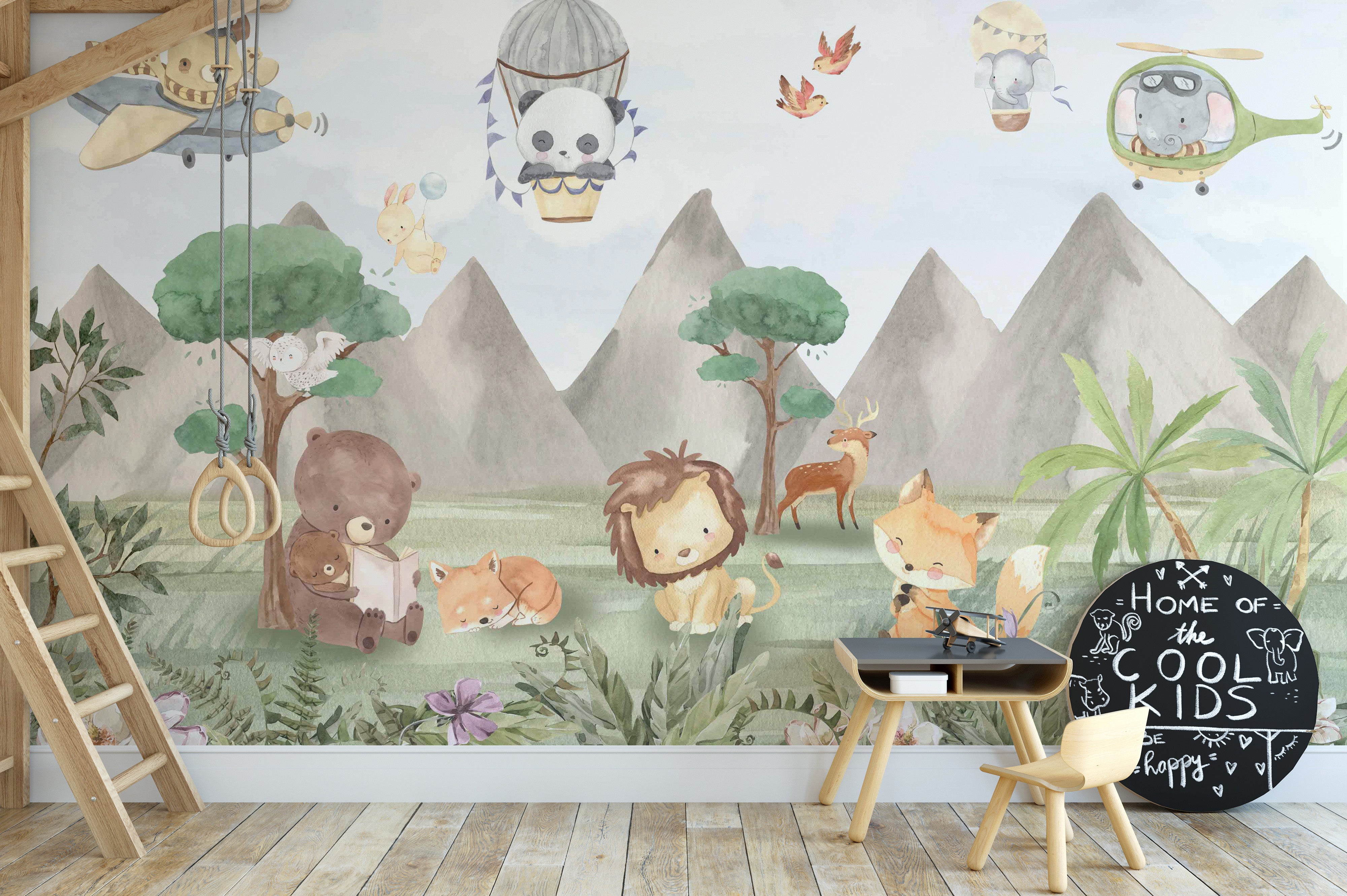 Whimsical safari animal forest mural design
