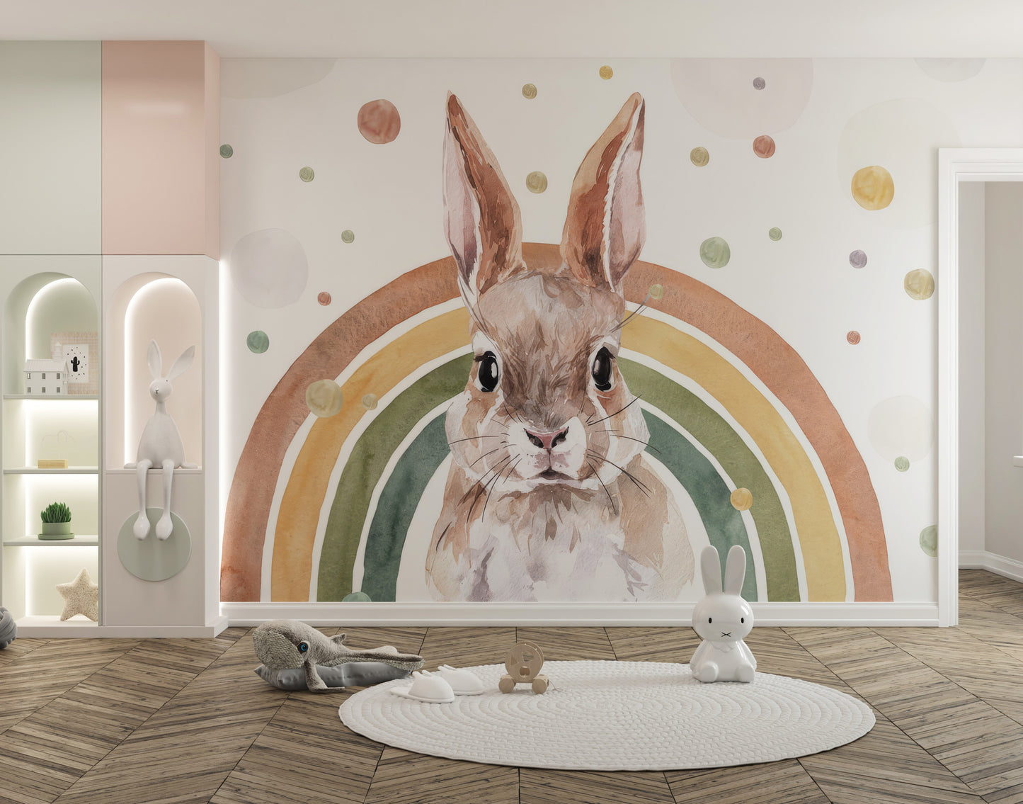 Watercolor rabbit mural with soft rainbows
