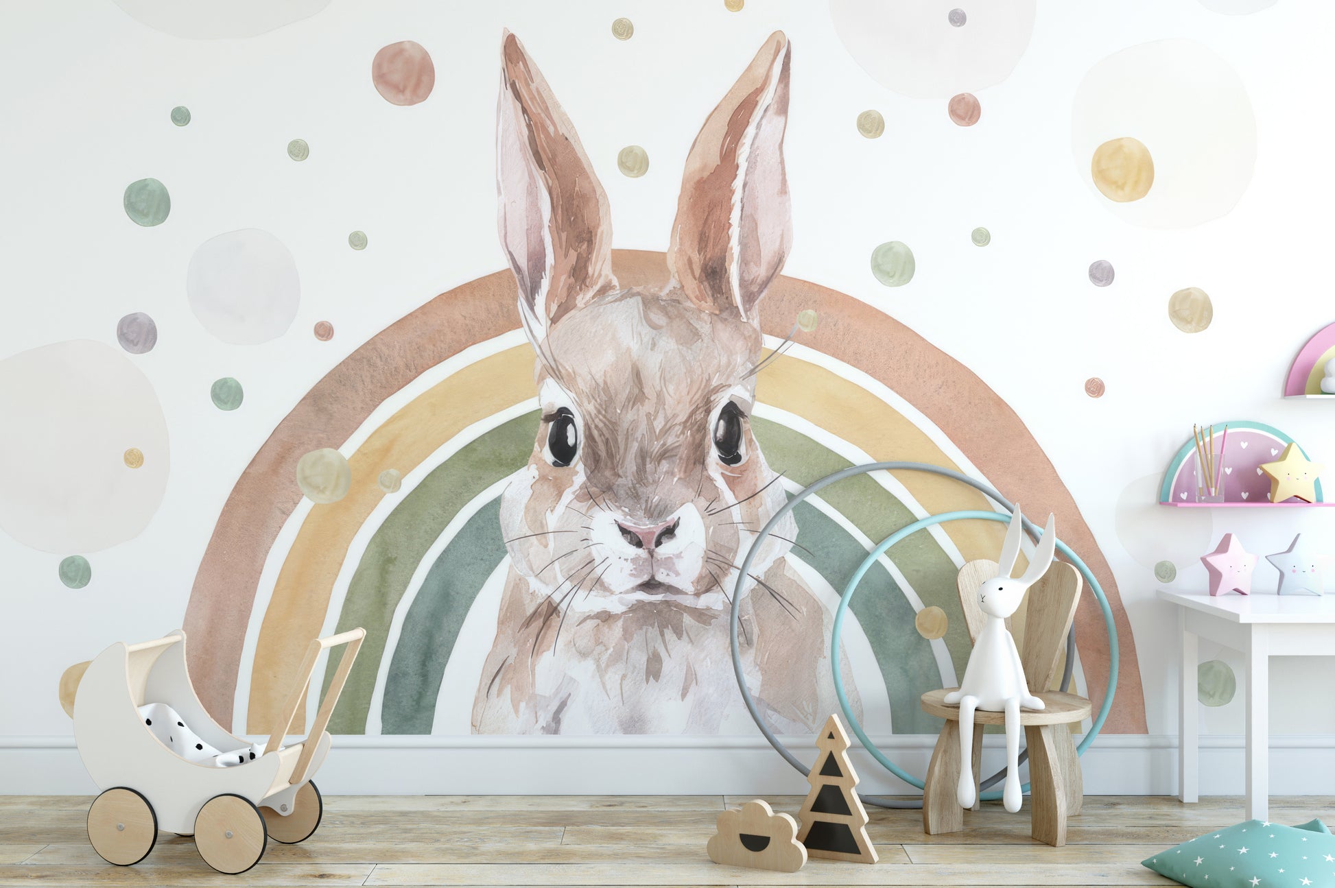 Charming rabbit mural with pastel bubbles
