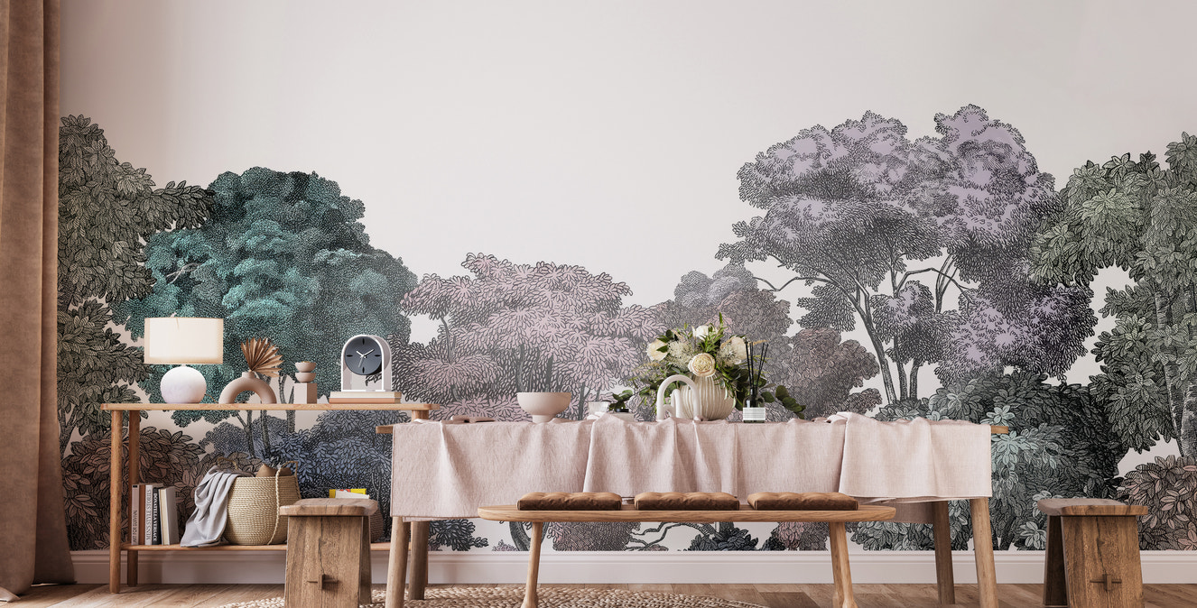 Textured forest mural with pastel canopy
