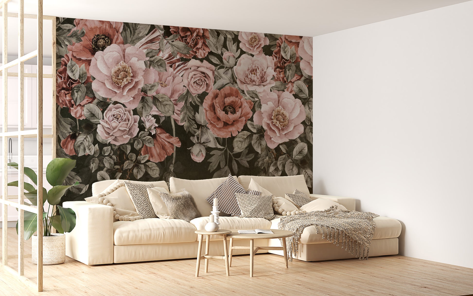 Timeless botanical mural with roses
