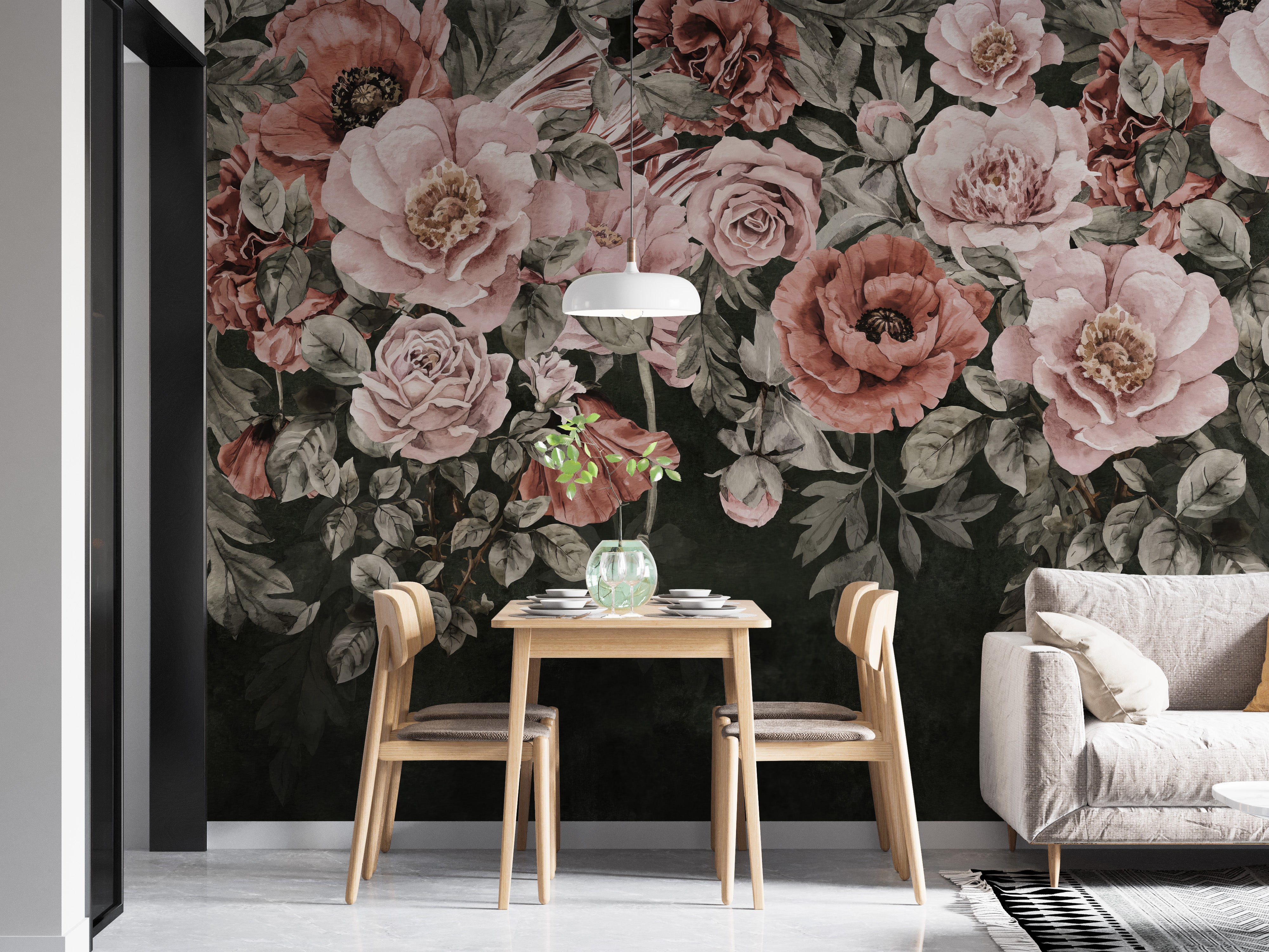 Soft blooming roses mural with greenery
