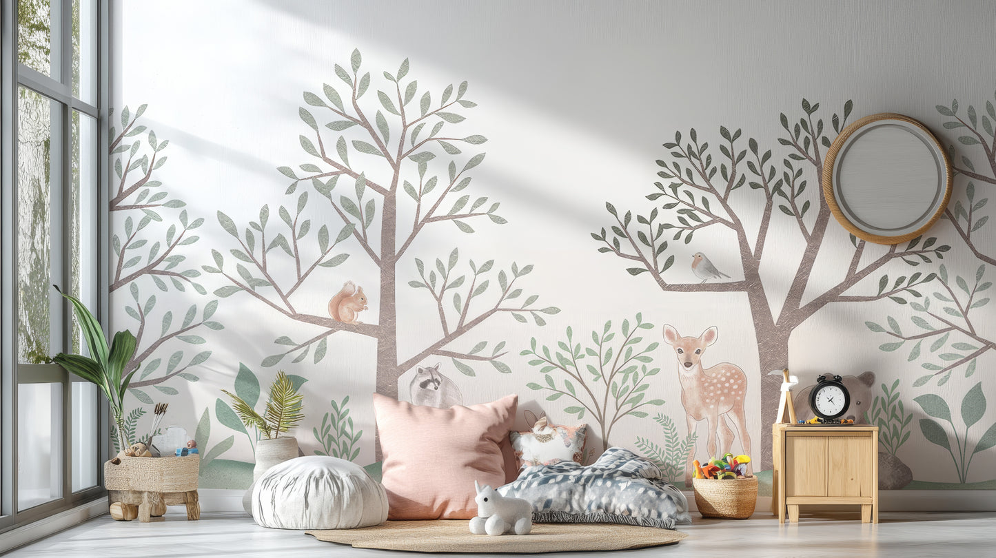 Enchanted Forest Wallpaper with deer and raccoon art