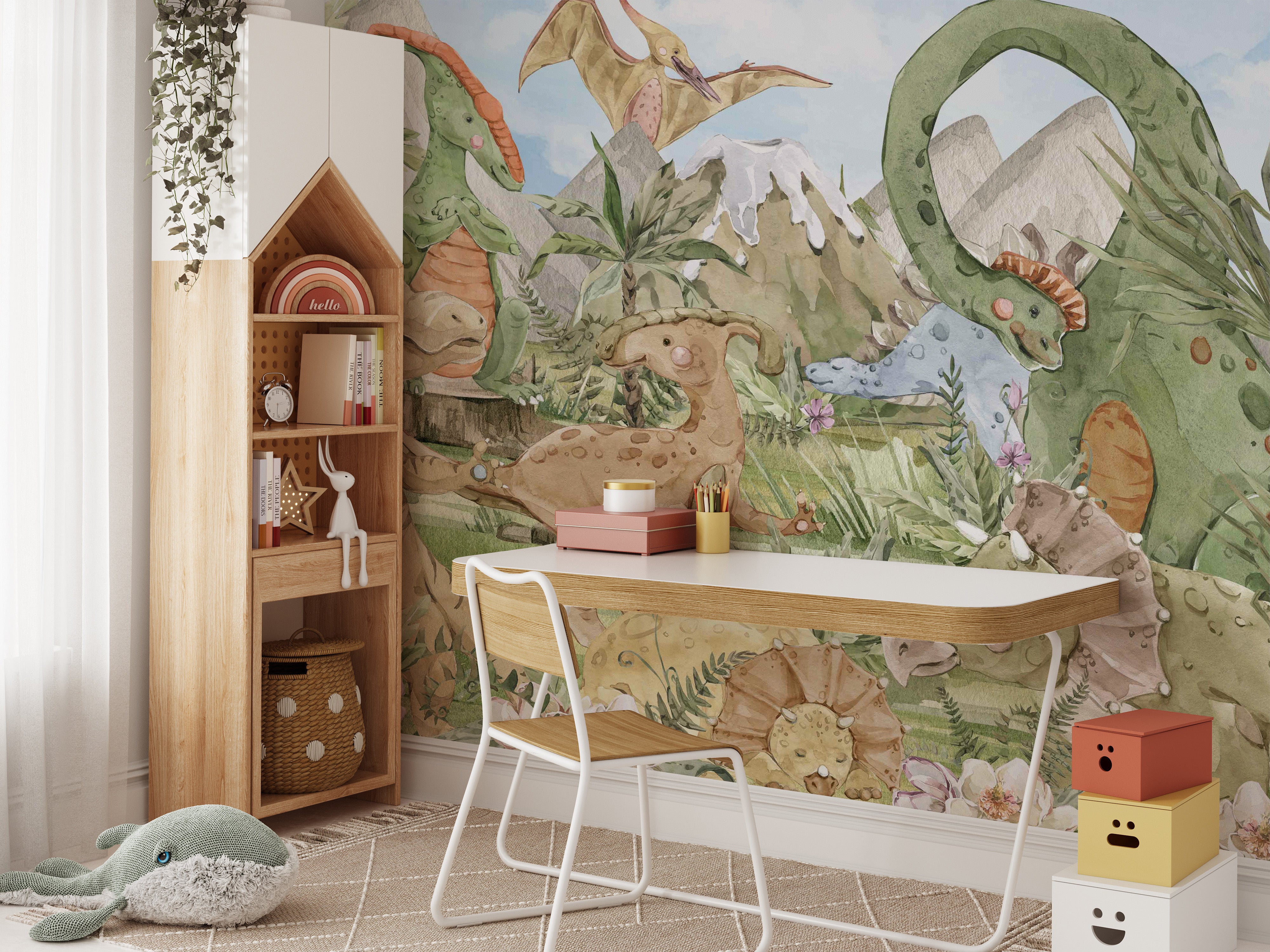 Cute dinosaurs in scenic wallpaper design
