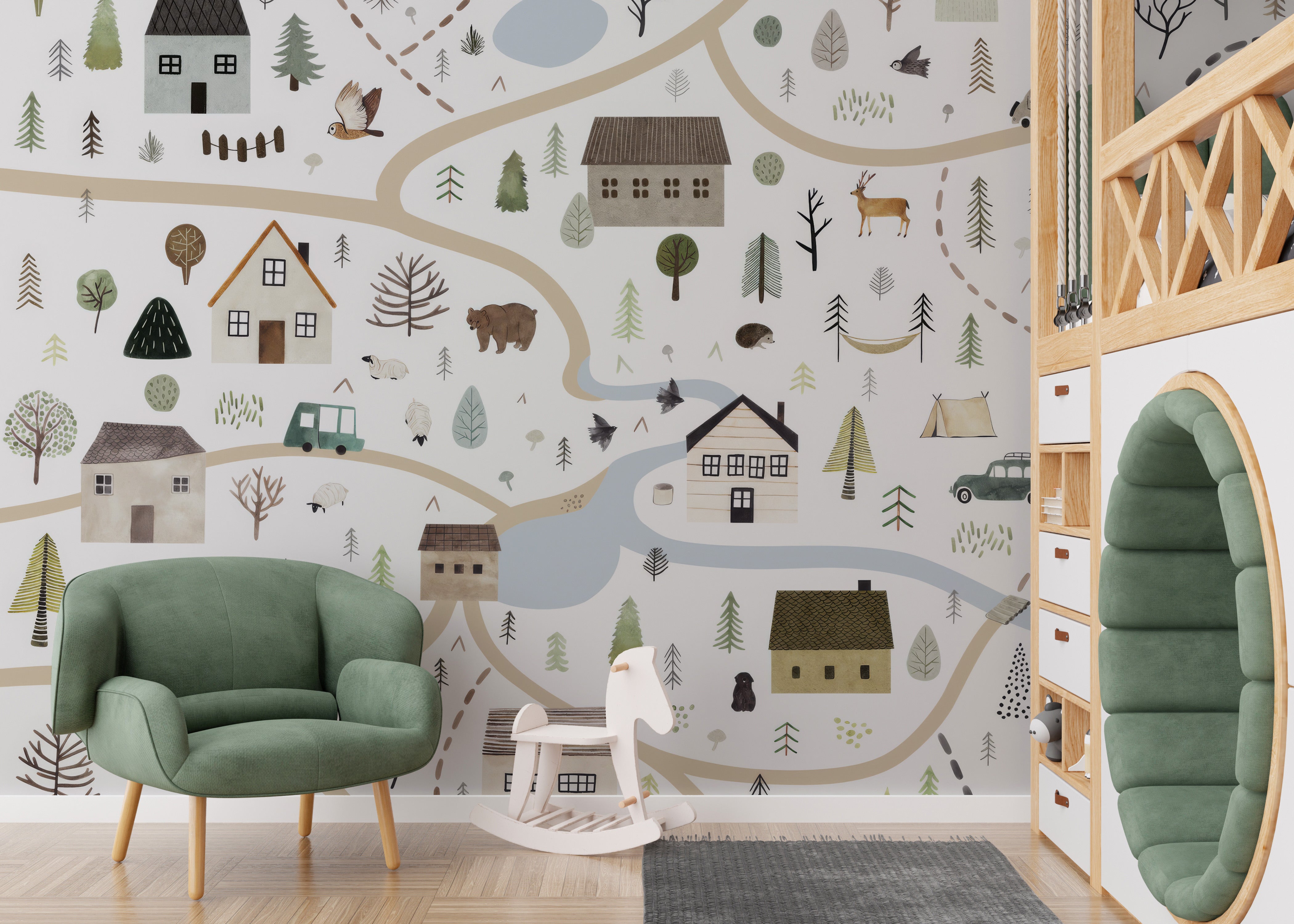 Rustic landscape mural with tiny details
