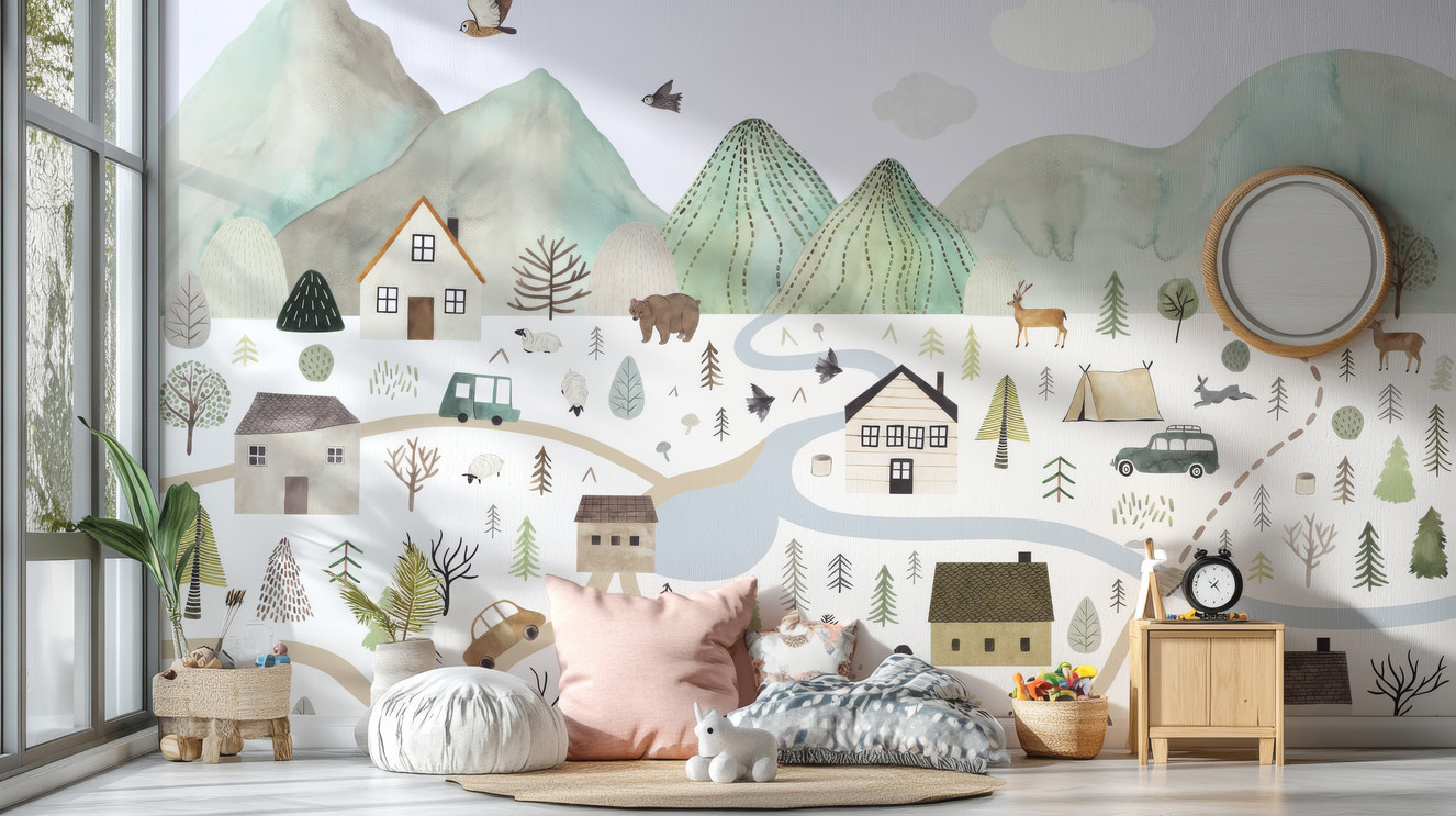 Nature-inspired mural with cozy houses
