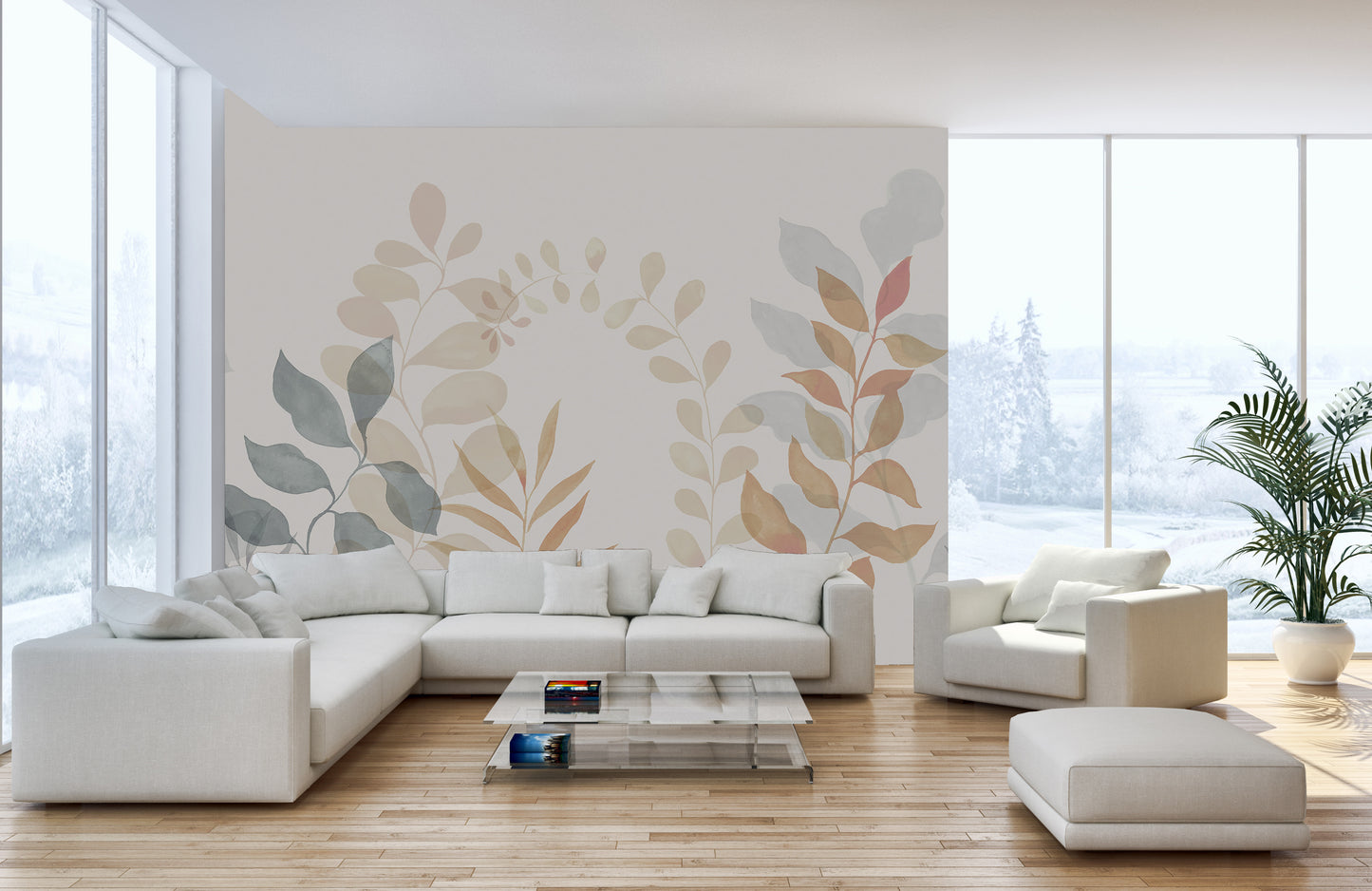 Artistic foliage-themed wall mural.
