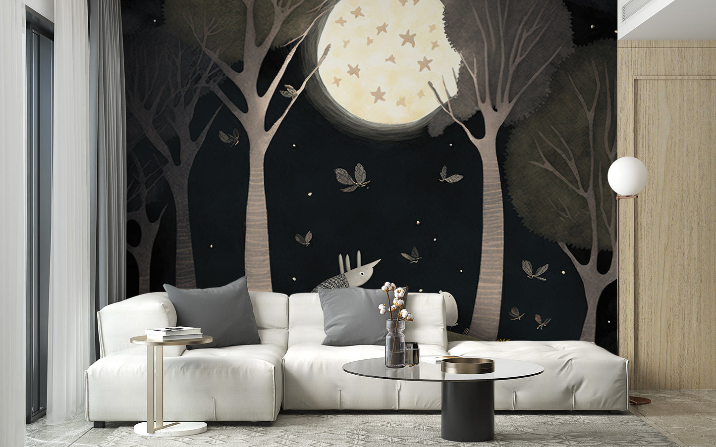 Moonlit starry night wallpaper featuring cute animal friends