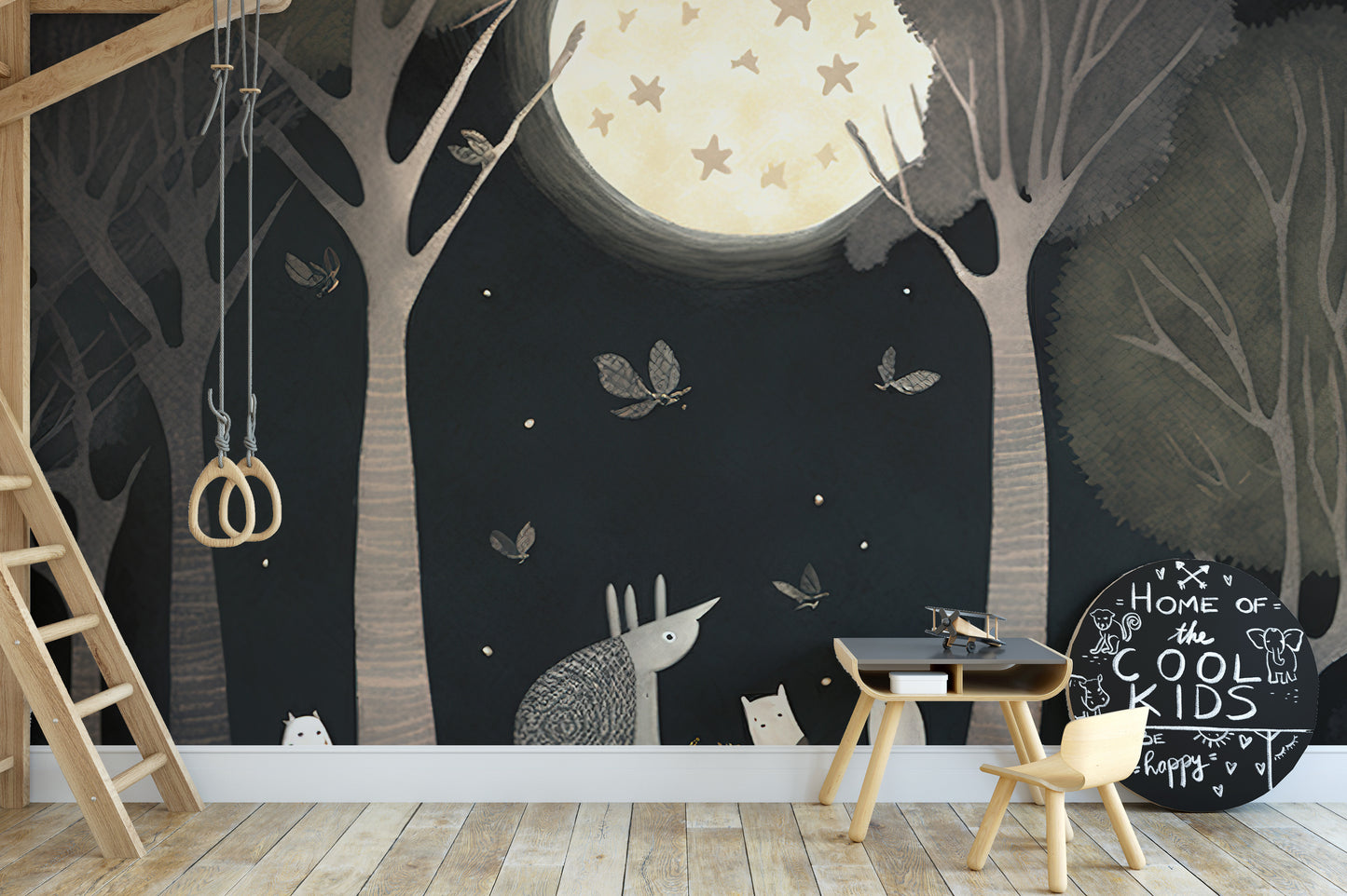 Whimsical woodland scene wallpaper with stars and moon