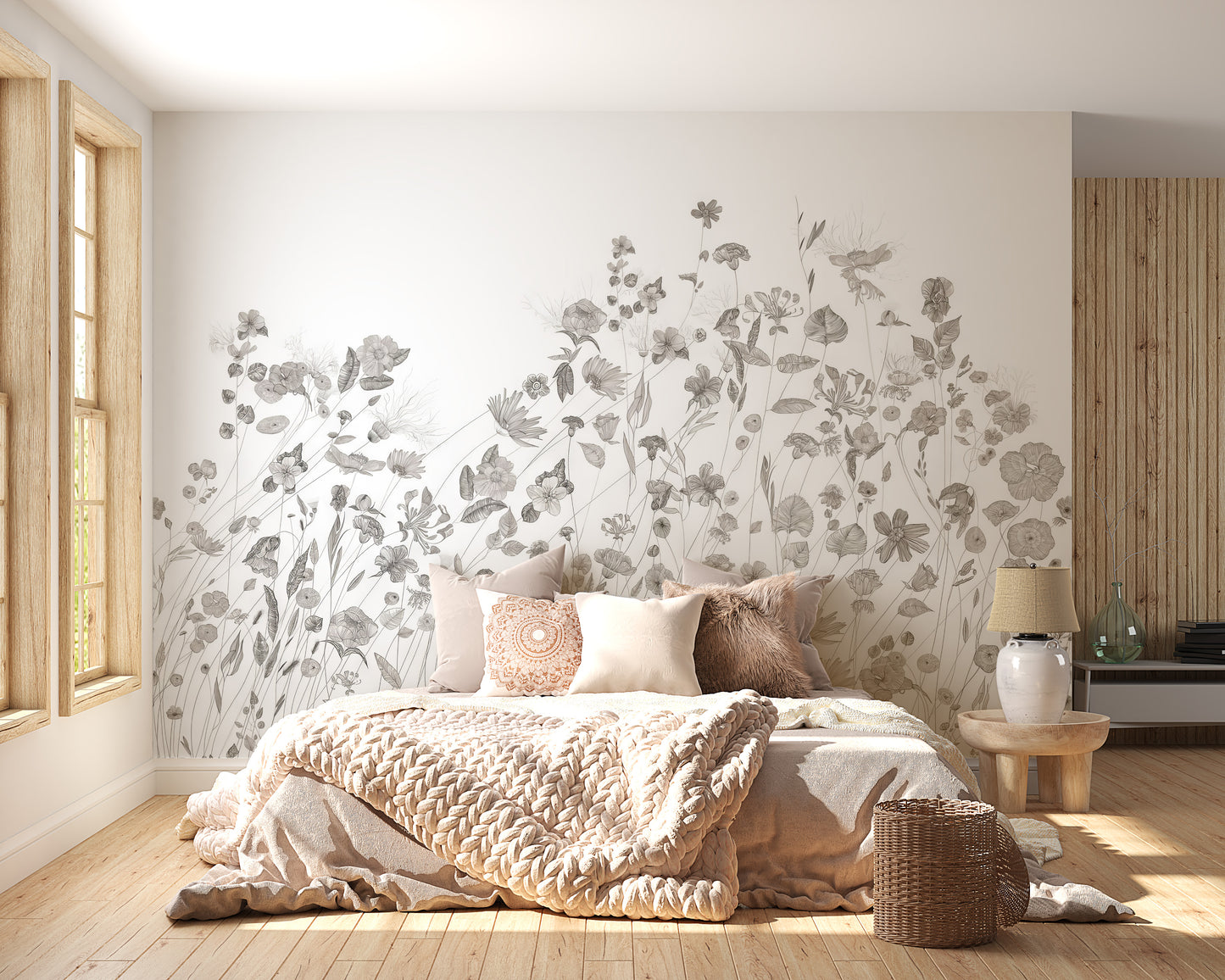 Hand-drawn floral wallpaper mural for interiors