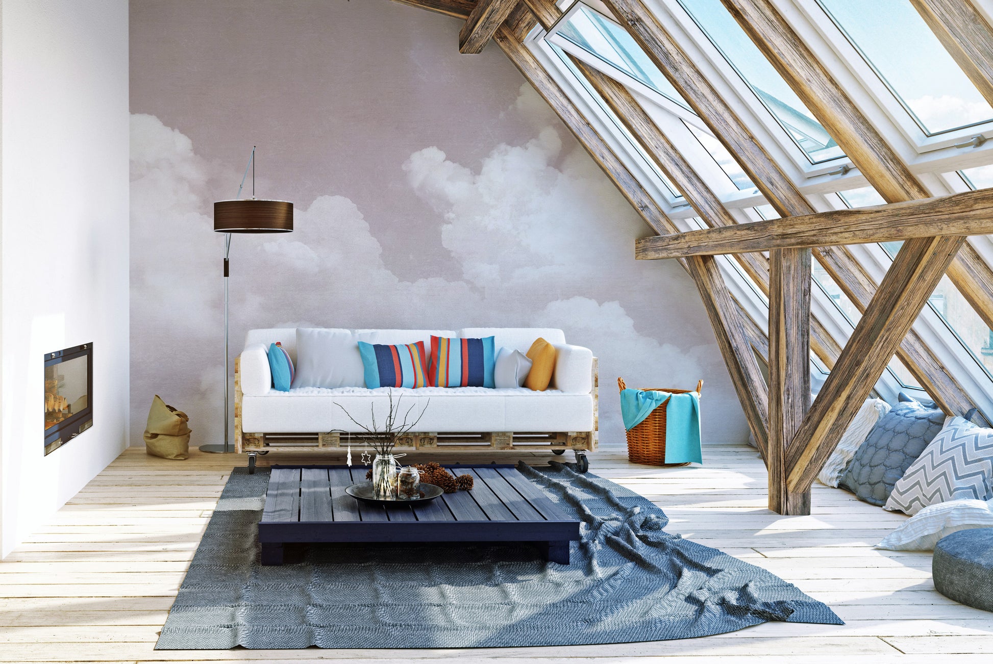 Cloud-themed wallpaper mural in pink tones