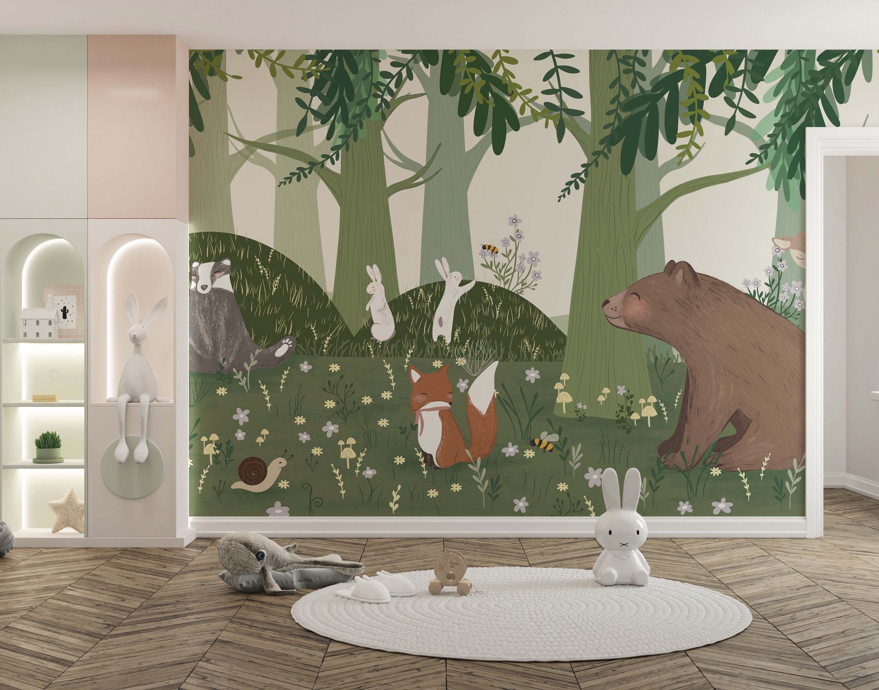 Wildlife wallpaper with charming forest animals mural design.