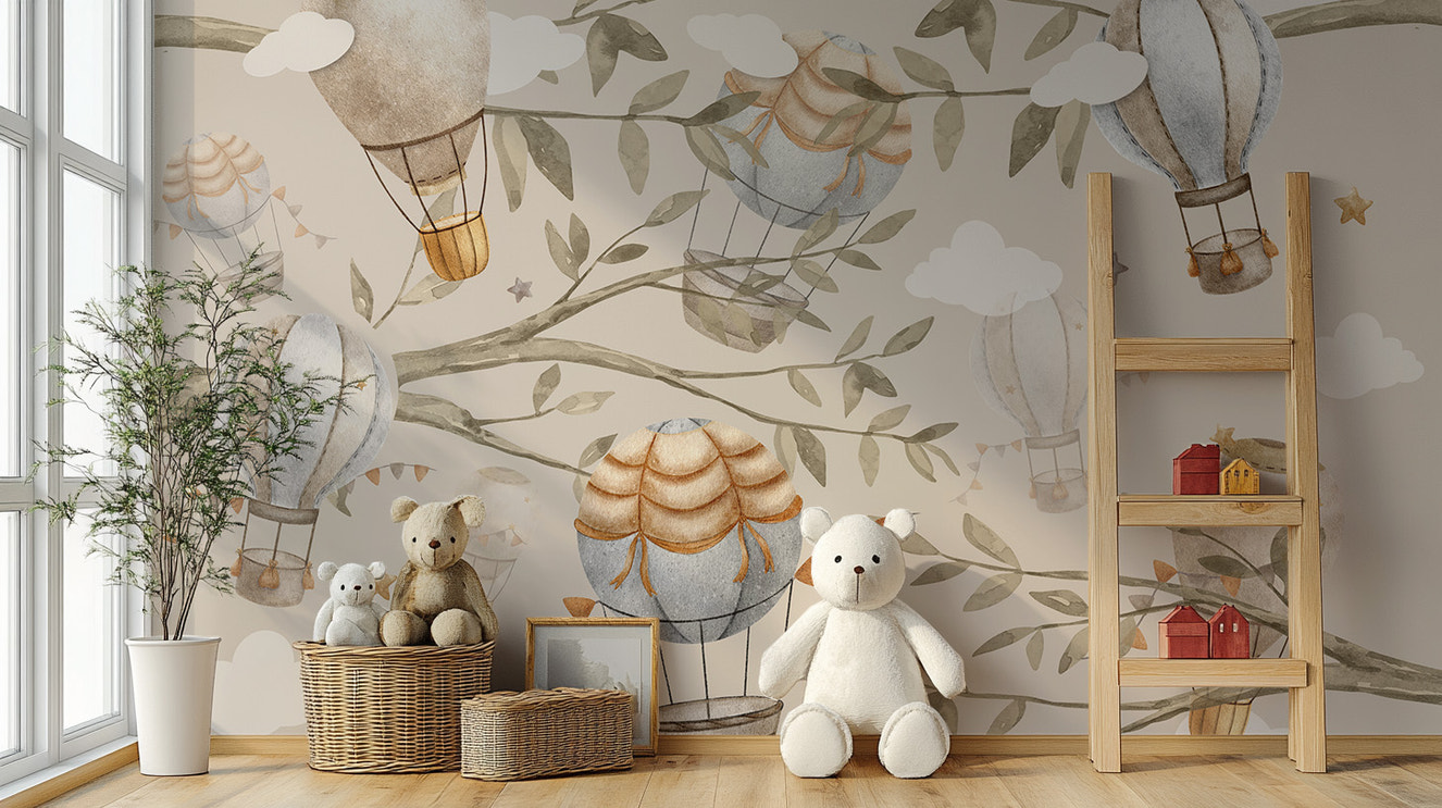 Watercolor air balloon wallpaper with vintage design elements