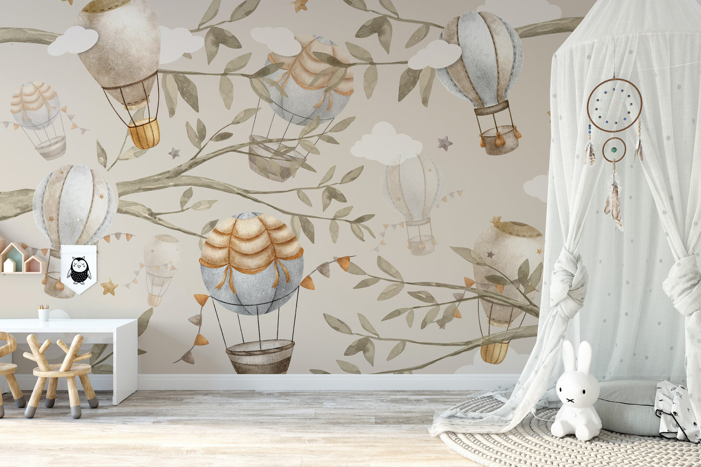 Watercolor kids wallpaper with floating hot air balloons