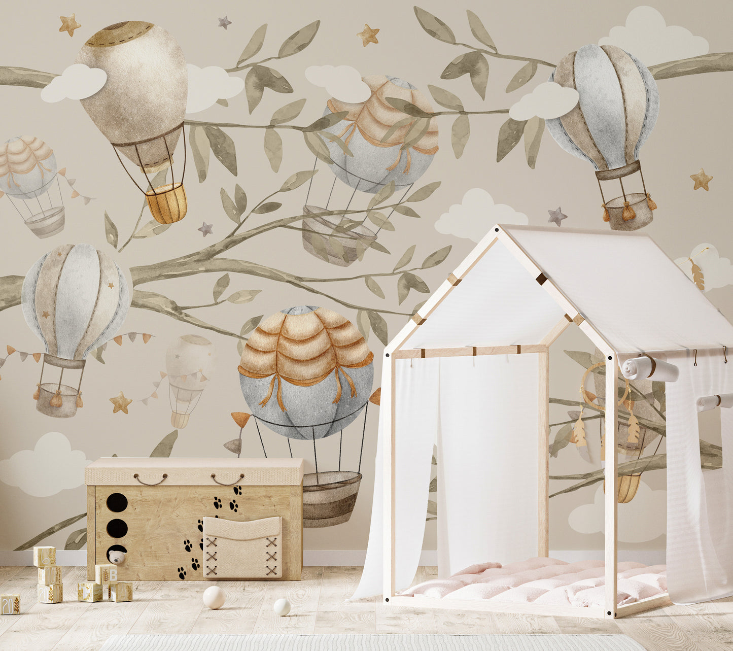 Watercolor air balloon wallpaper with starry sky accents