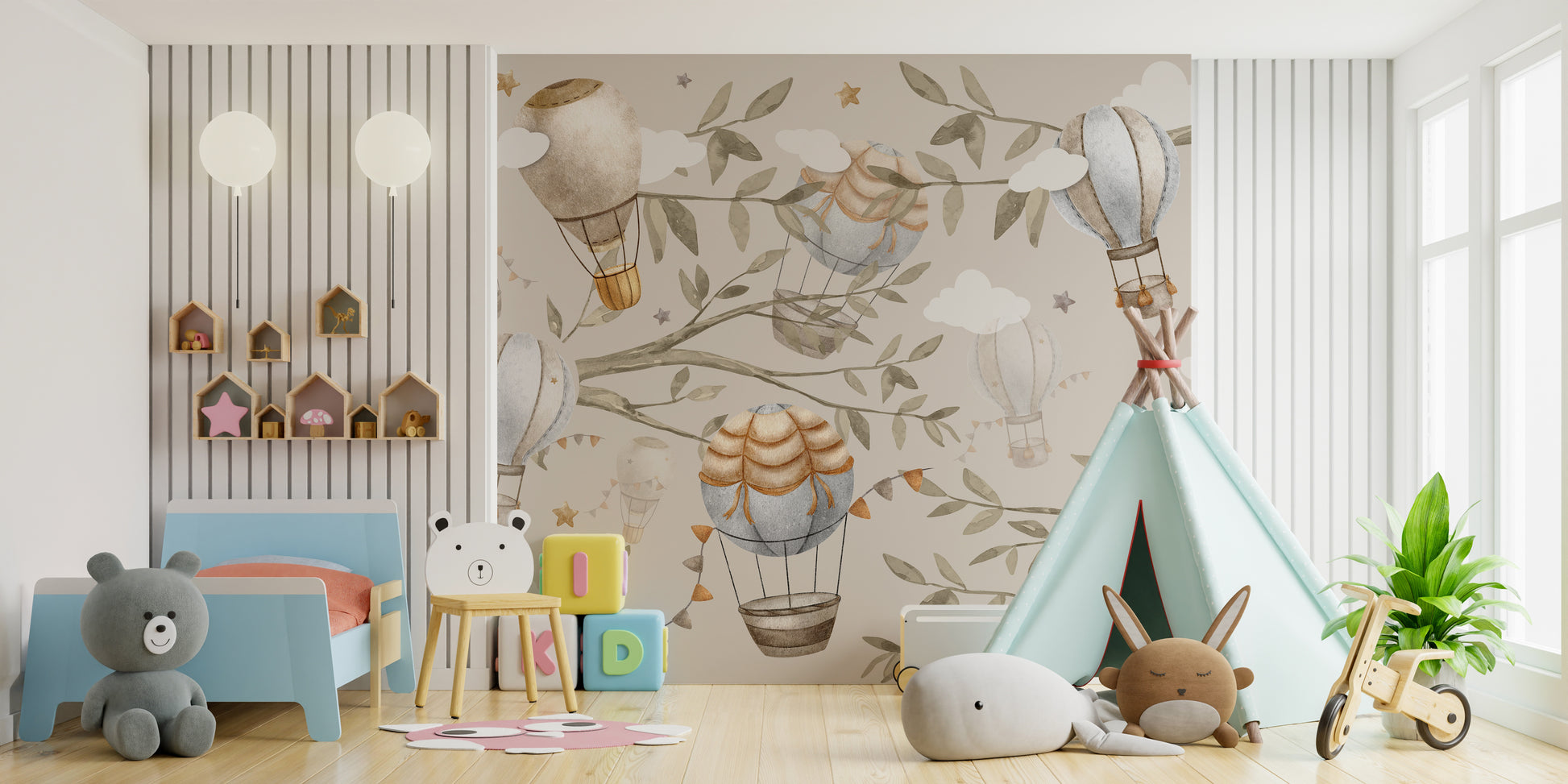 Kids room wallpaper featuring hot air balloons in watercolor