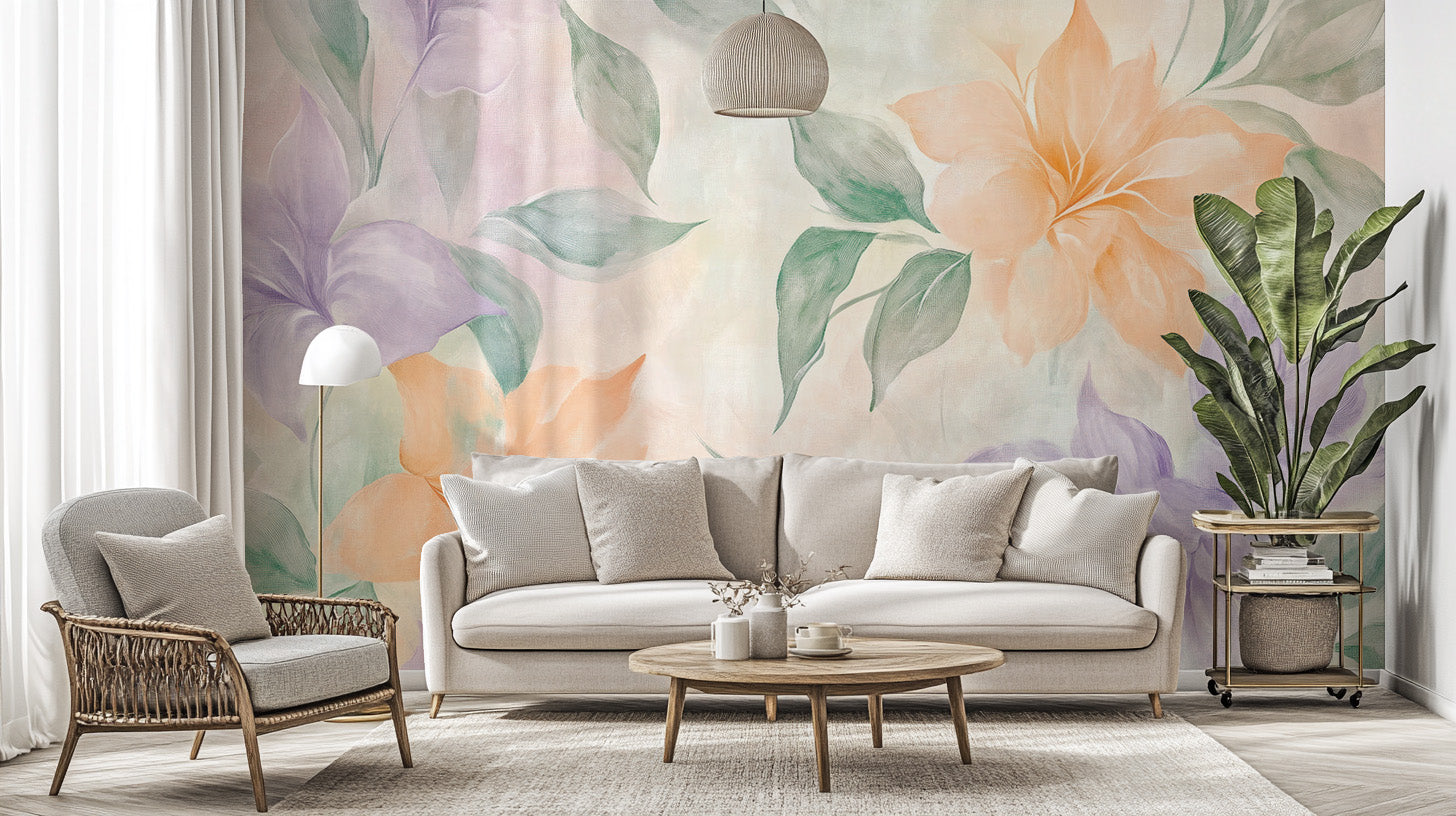 Soft pink and blue watercolor flower mural.
