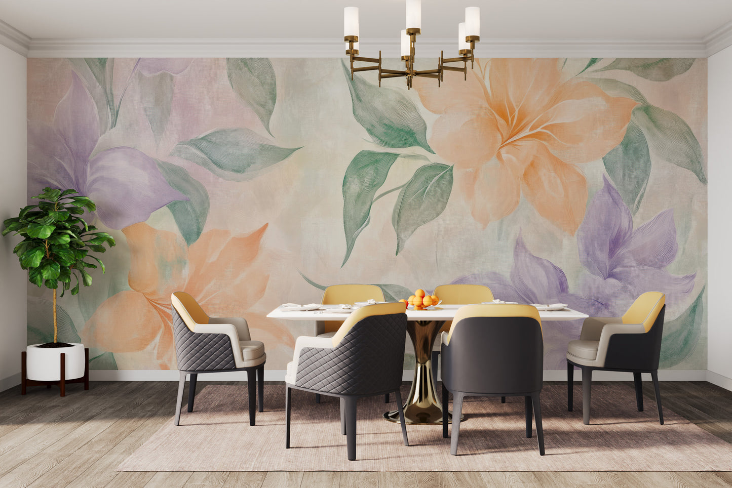 Delicate pastel flowers in a watercolor wall mural.
