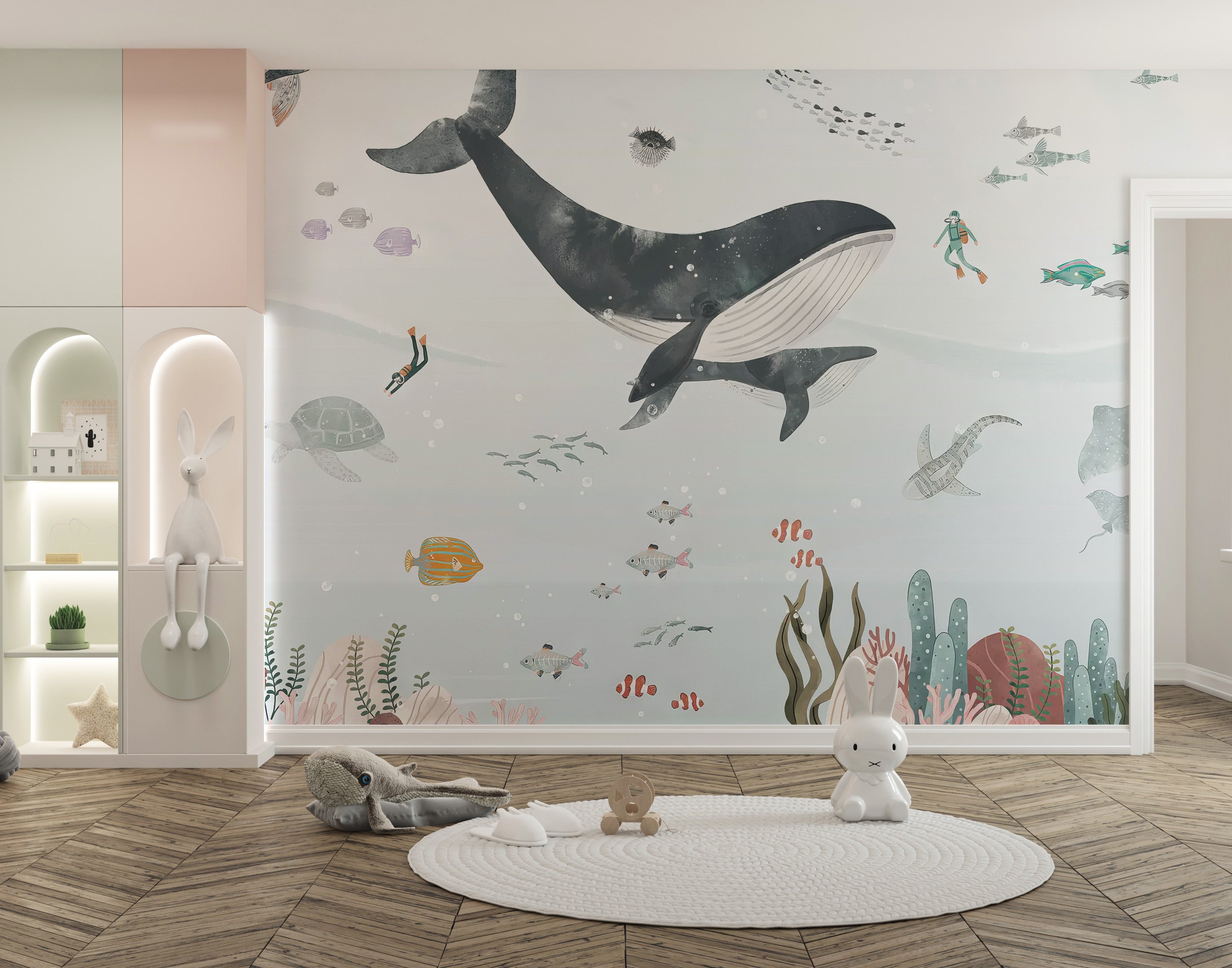 Diving with whales mural illustration
