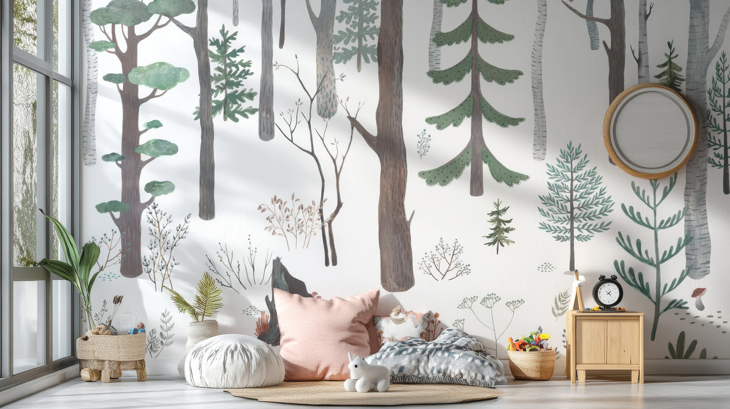 Serene woodland trees wallpaper design
