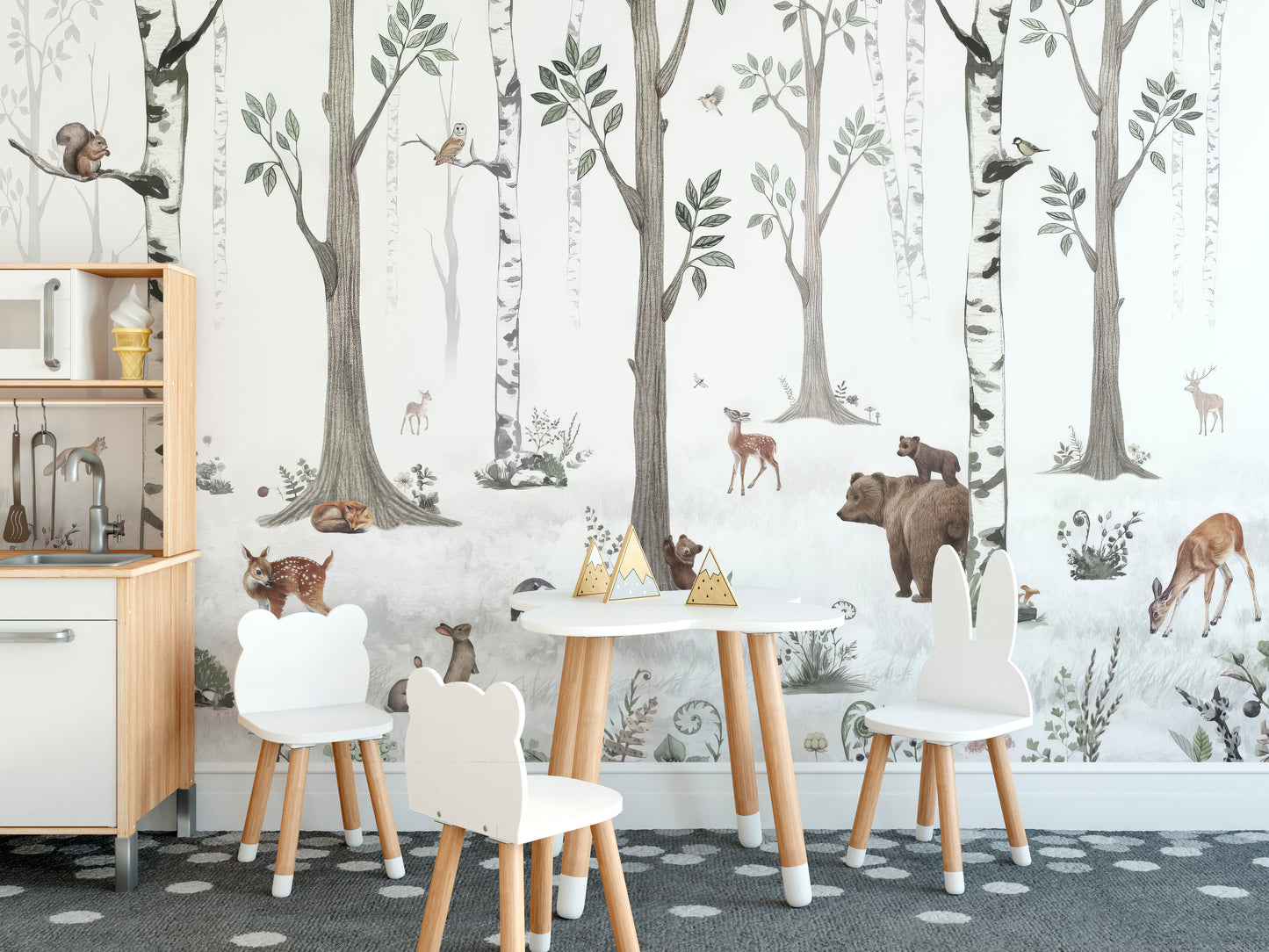 Stylish forest wallpaper with birch trees and animals