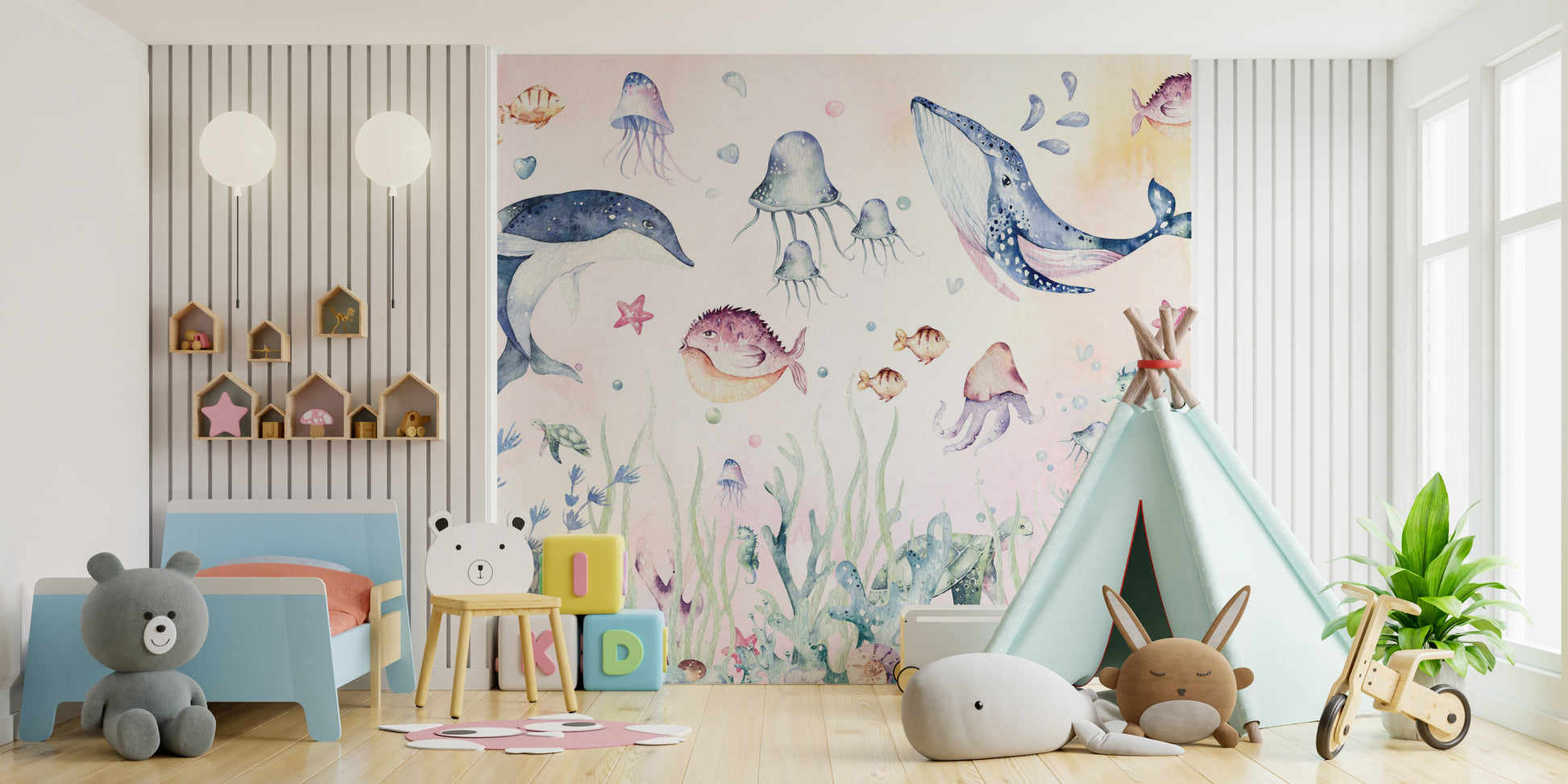 Bright ocean mural with aquatic creatures