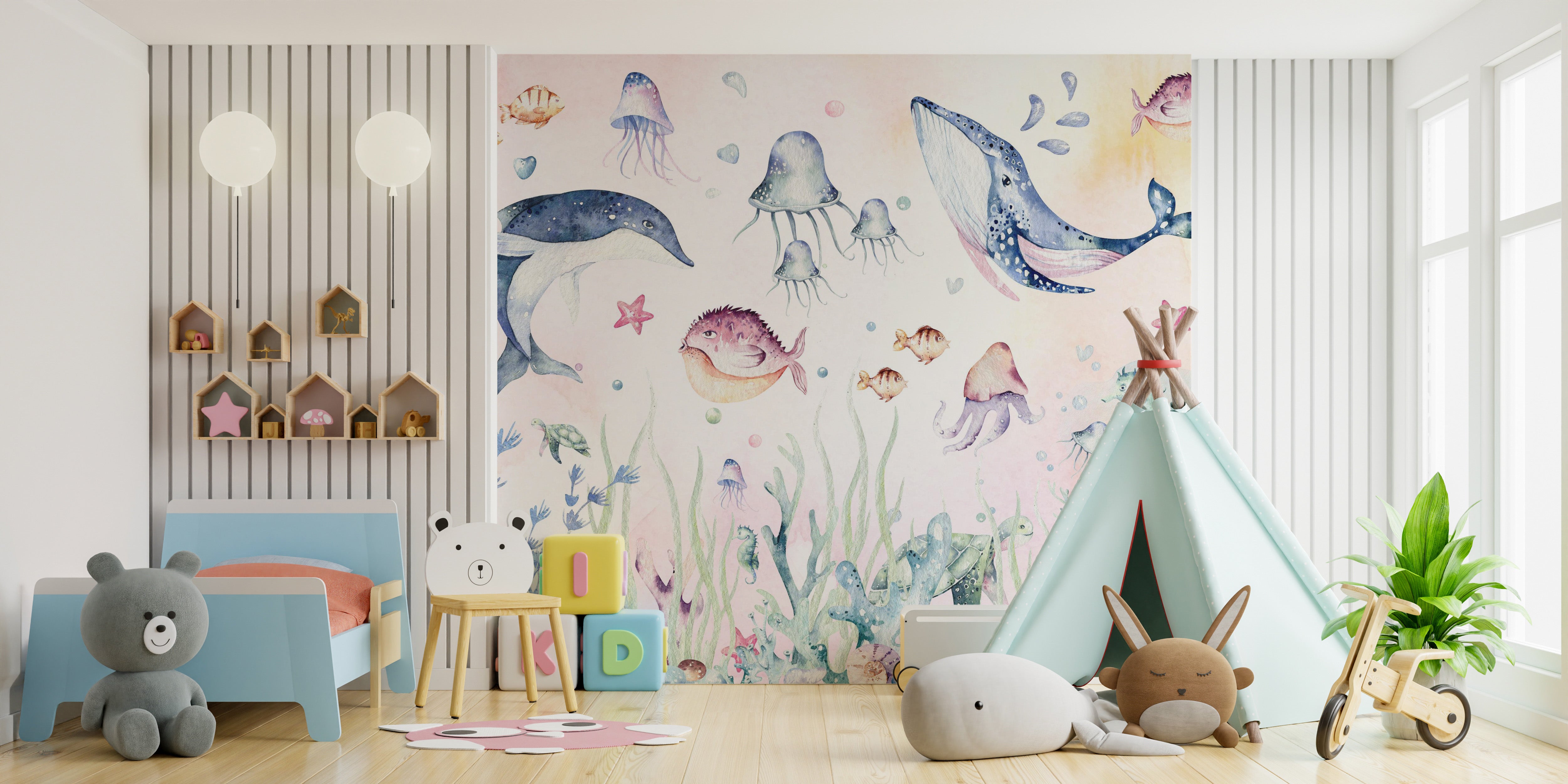 Bright ocean mural with aquatic creatures