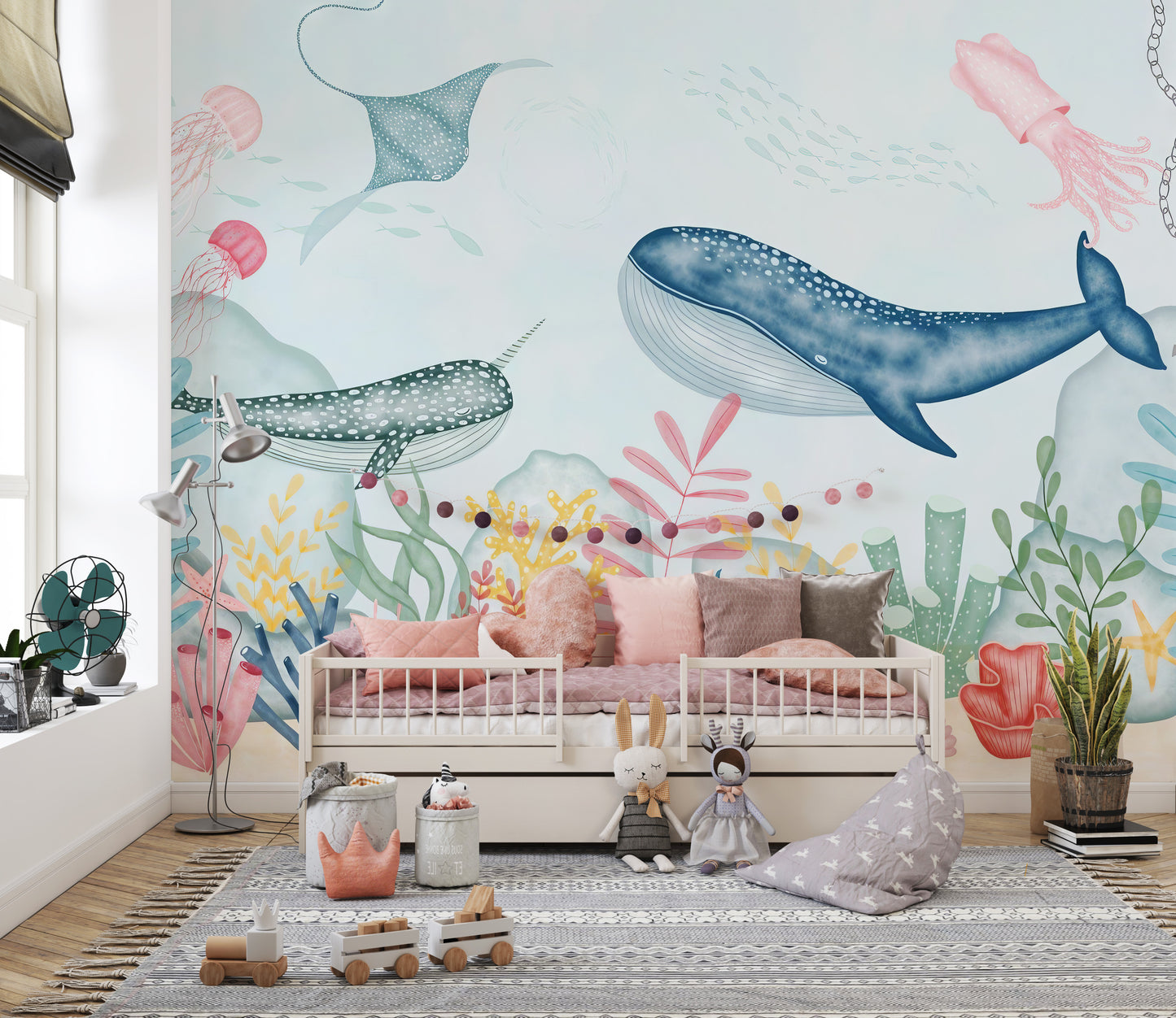 Whale swimming through colorful ocean mural