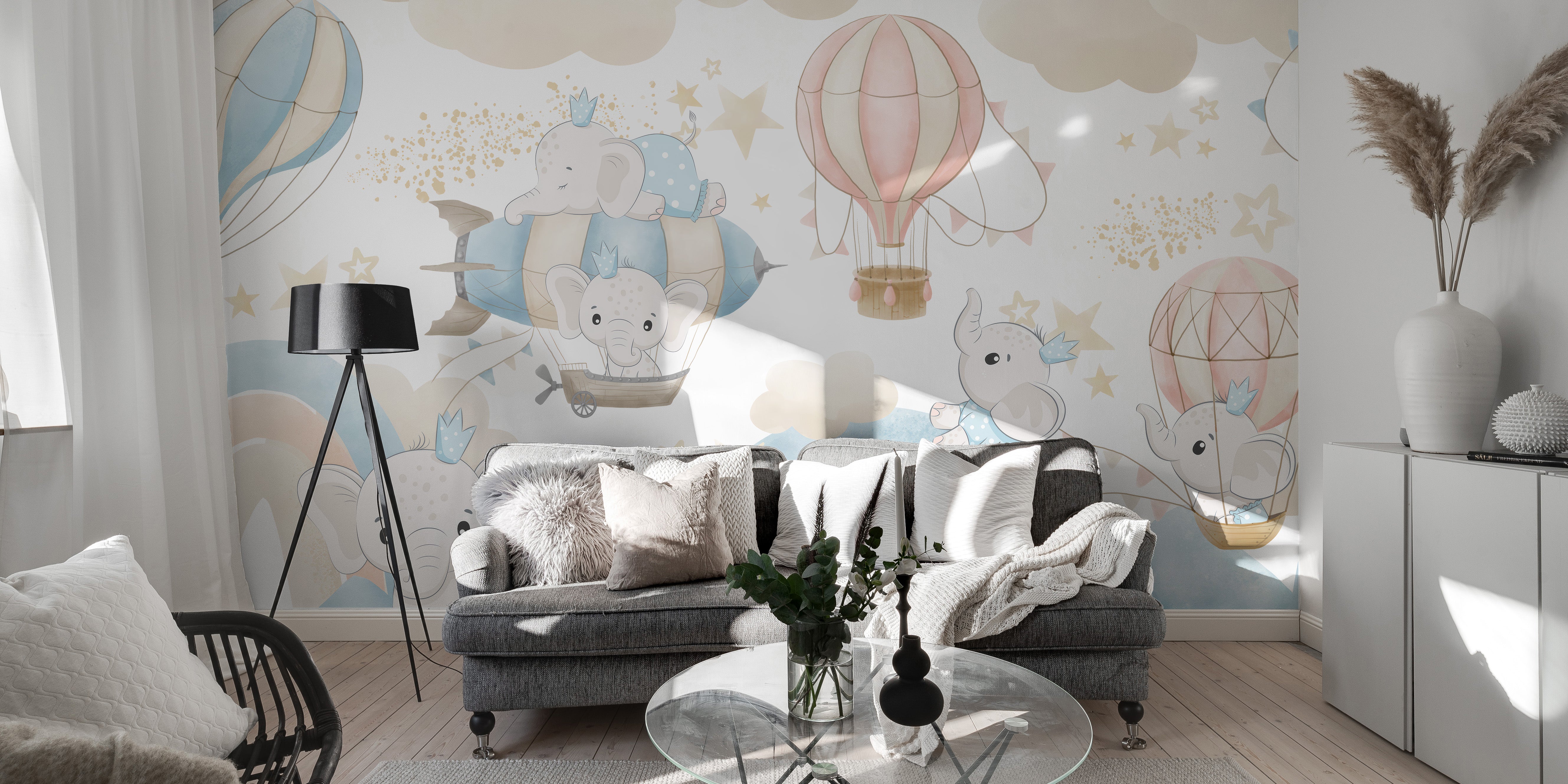 Dreamy sky adventure wallpaper featuring baby elephants