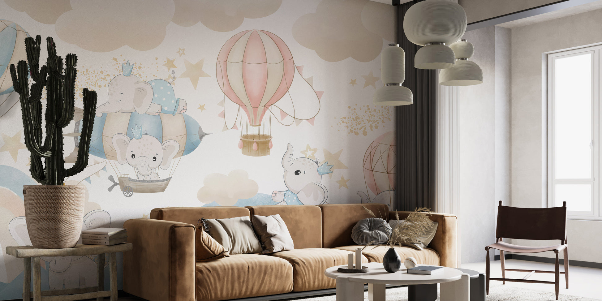 Artistic elephant sky adventure wall mural for children