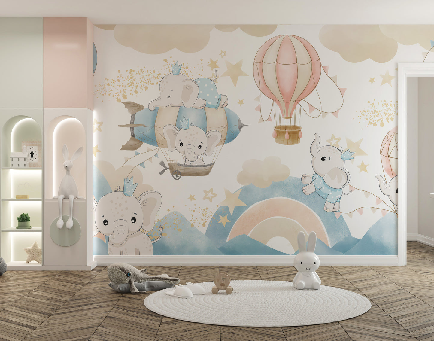 Imaginative elephant mural for kids’ adventure-themed rooms