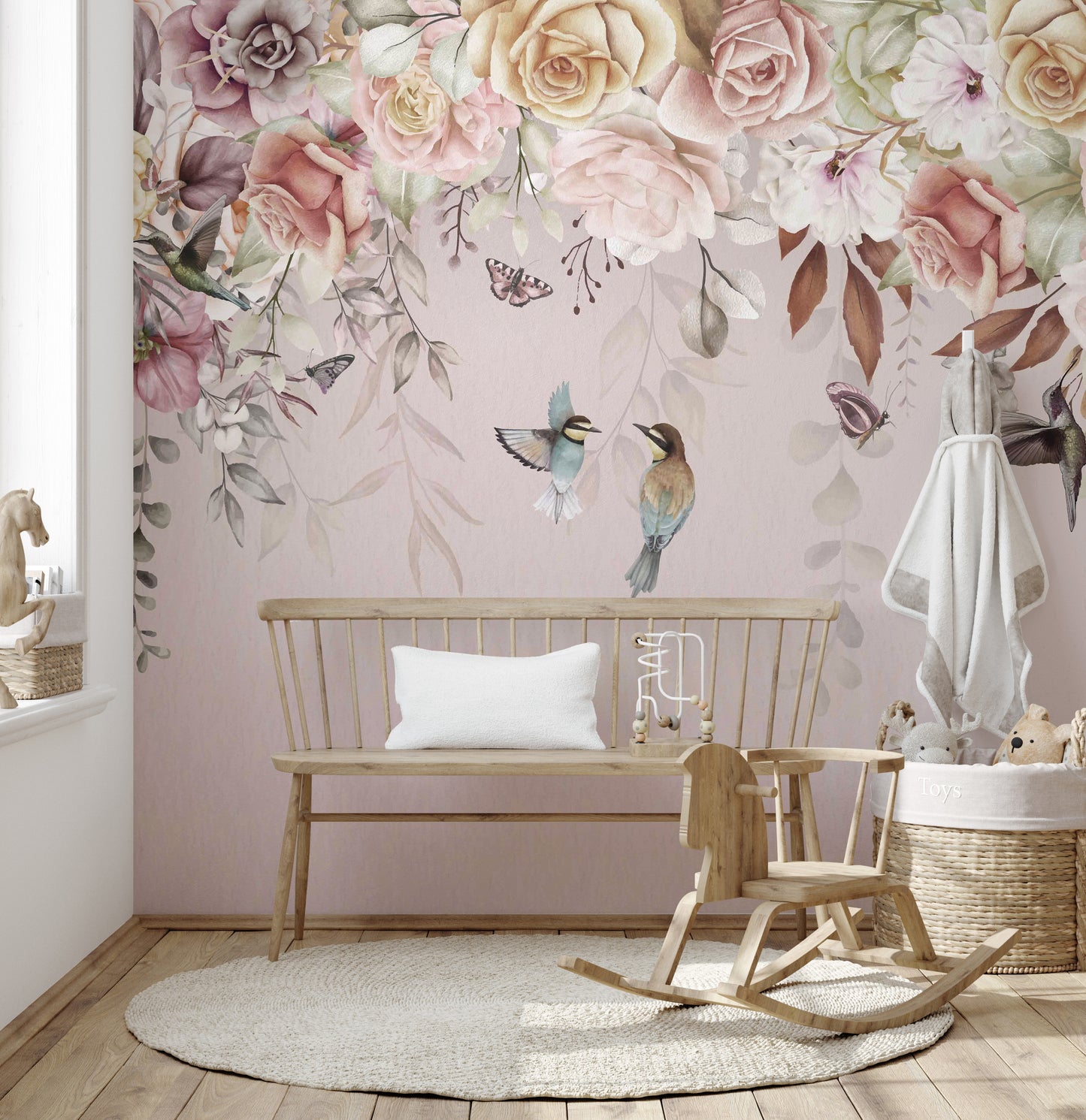 Romantic floral wallpaper for vintage-themed interiors.