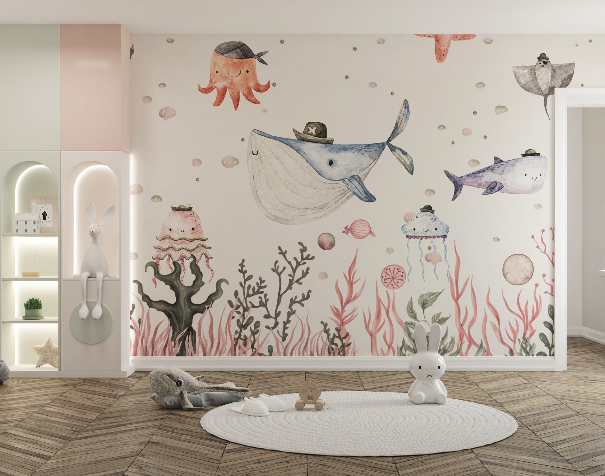 Whimsical aquarium mural for a lively underwater vibe.
