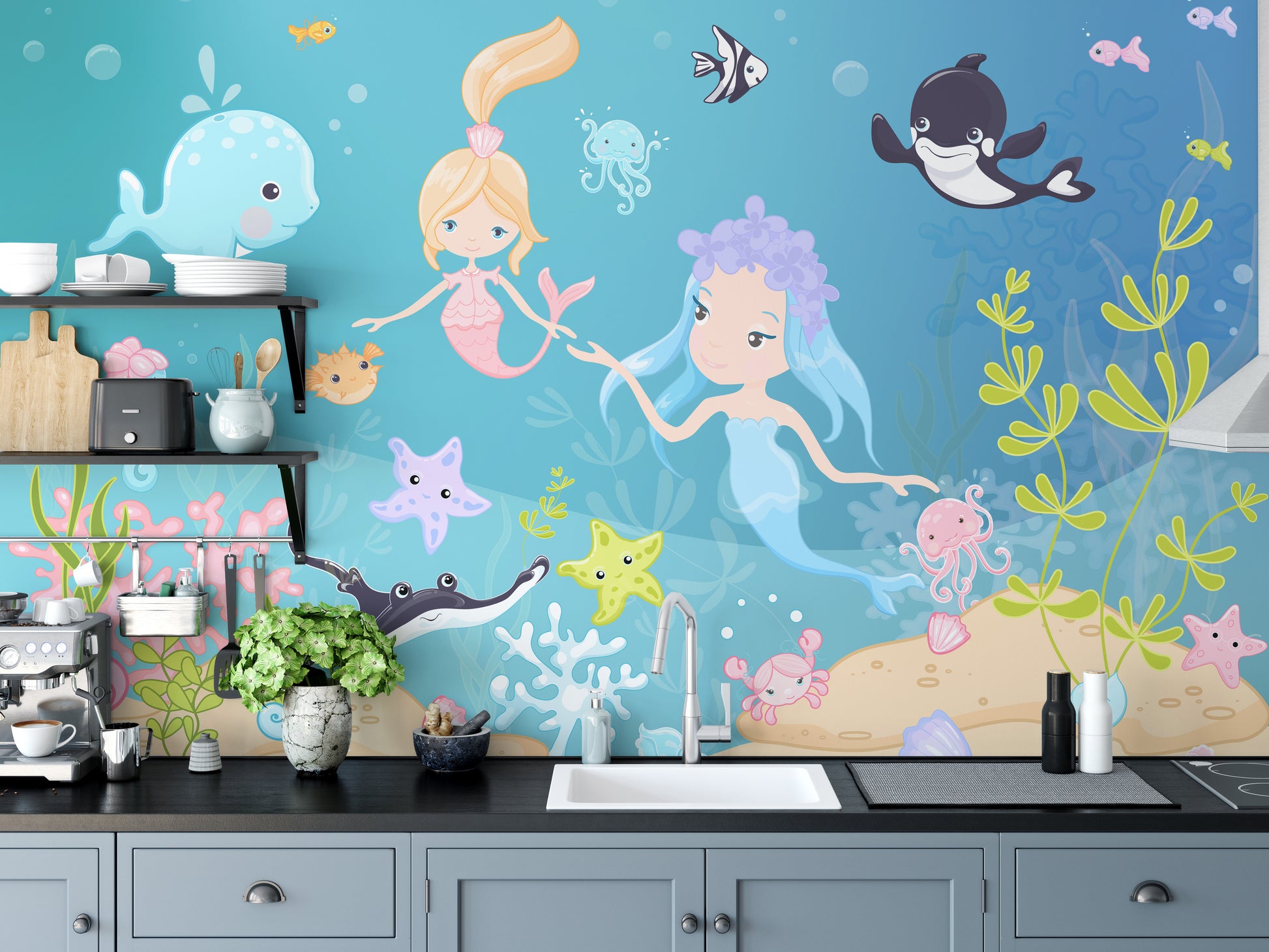 Kids' underwater adventure wallpaper with sea life