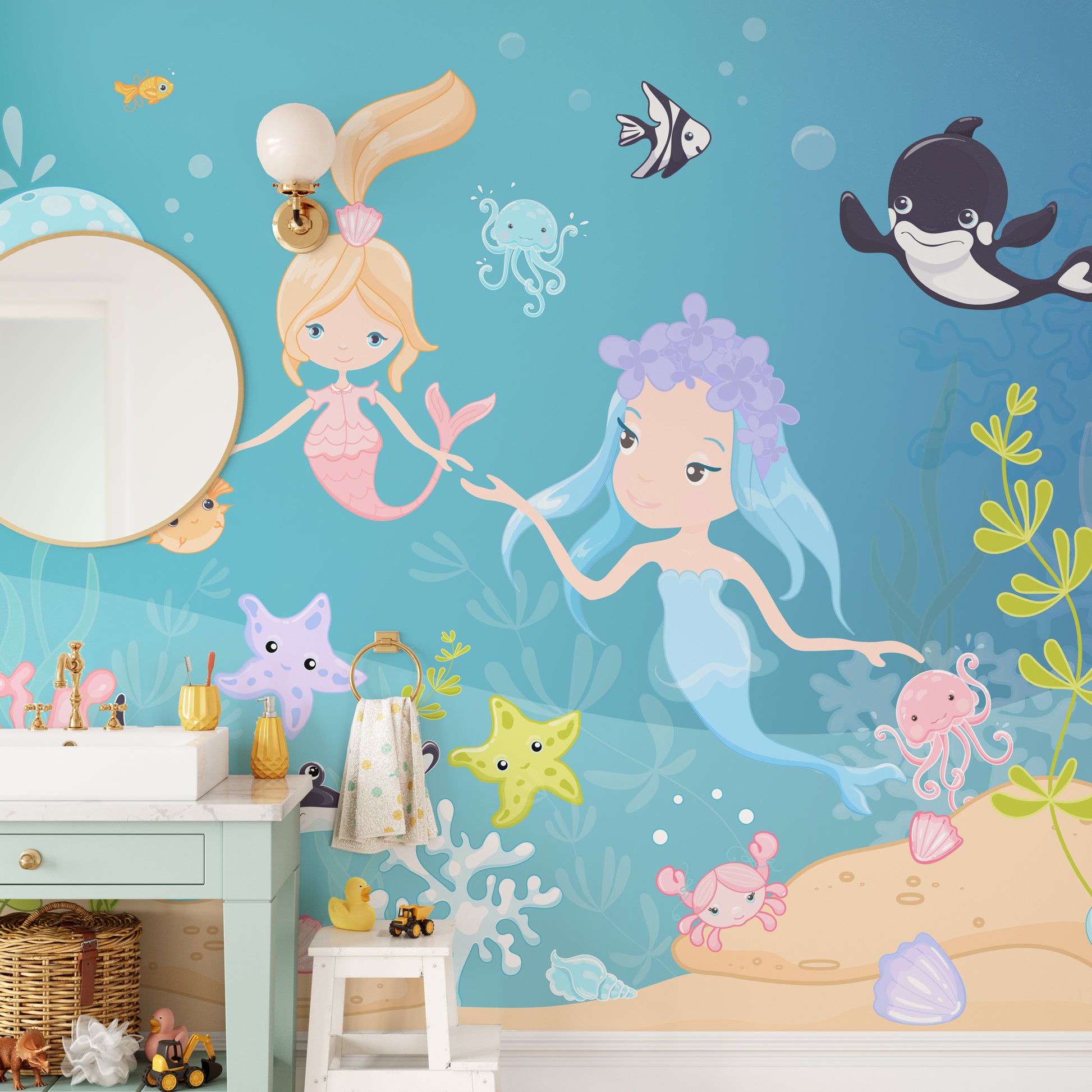 Underwater mermaid and sea life wallpaper decor