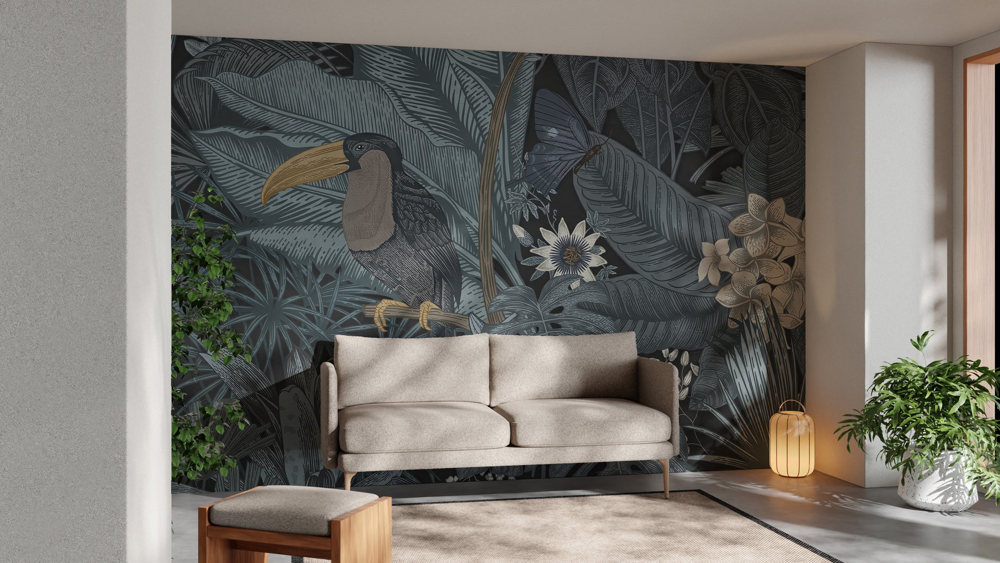 Tropical toucan wallpaper with lush blue jungle leaves