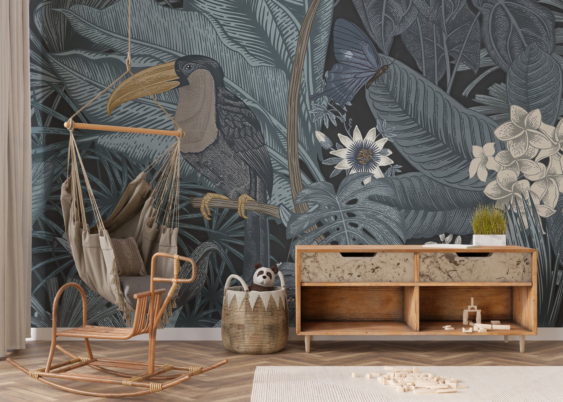 Elegant toucan mural wallpaper featuring exotic foliage