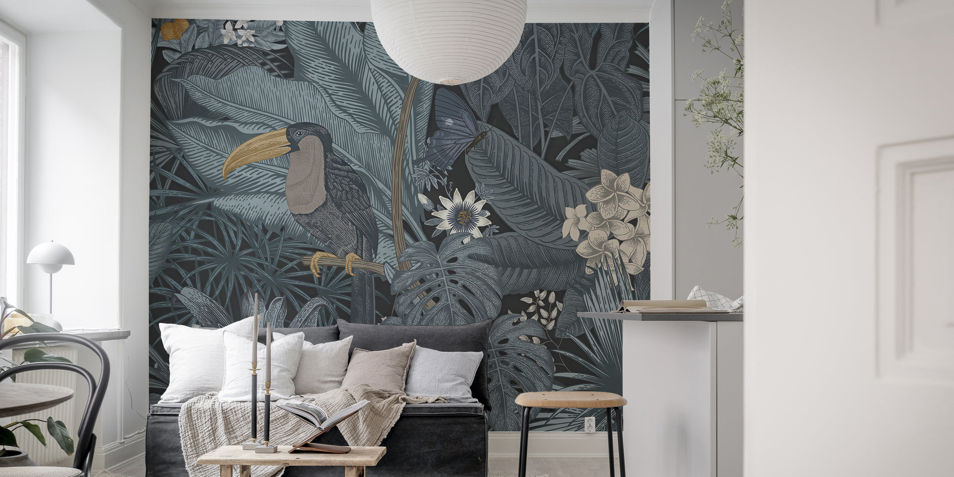 Stylish tropical wallpaper with toucan and floral design