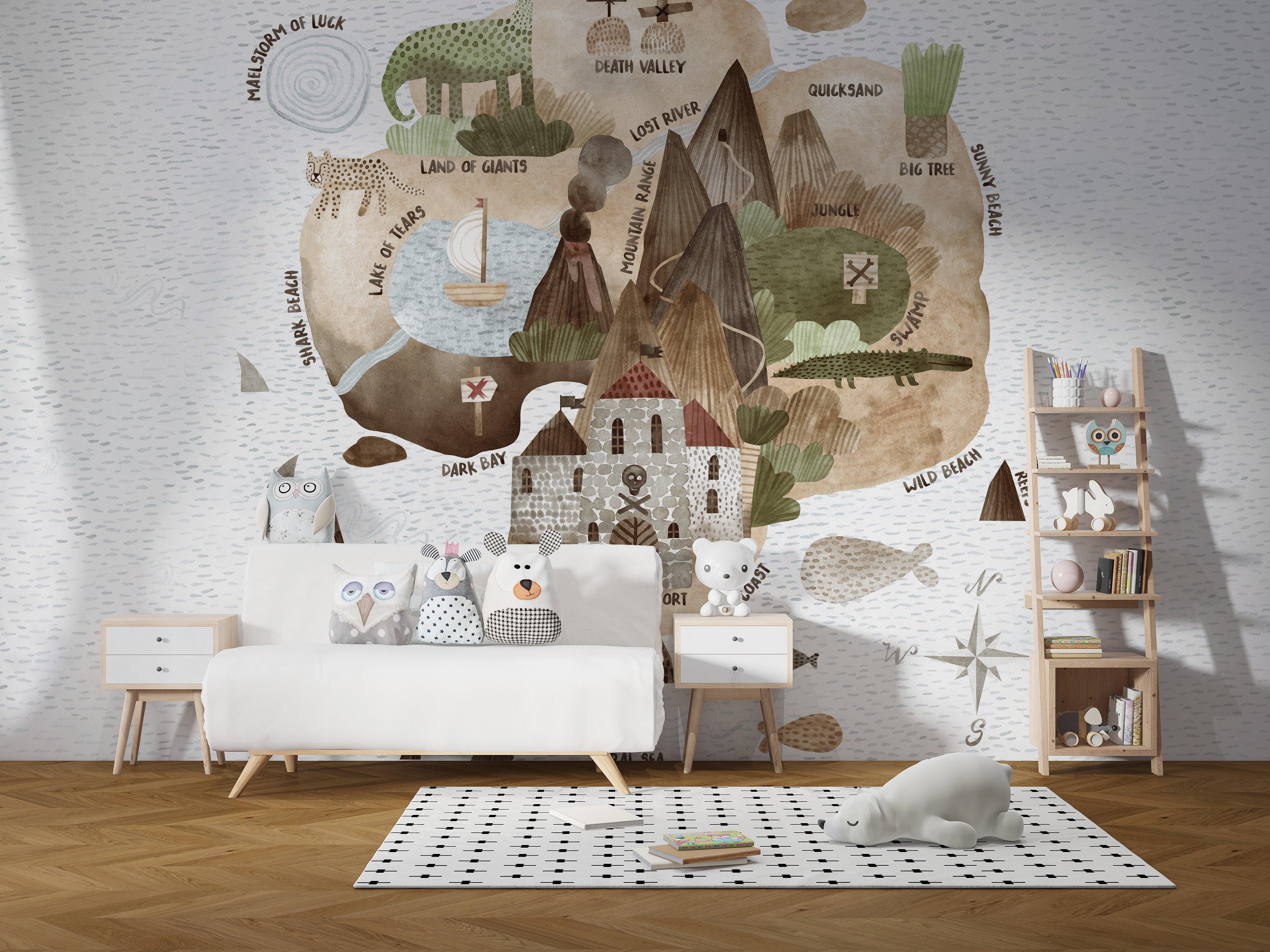 Artistic Skull Island wall mural for a bold and fun kids' room.