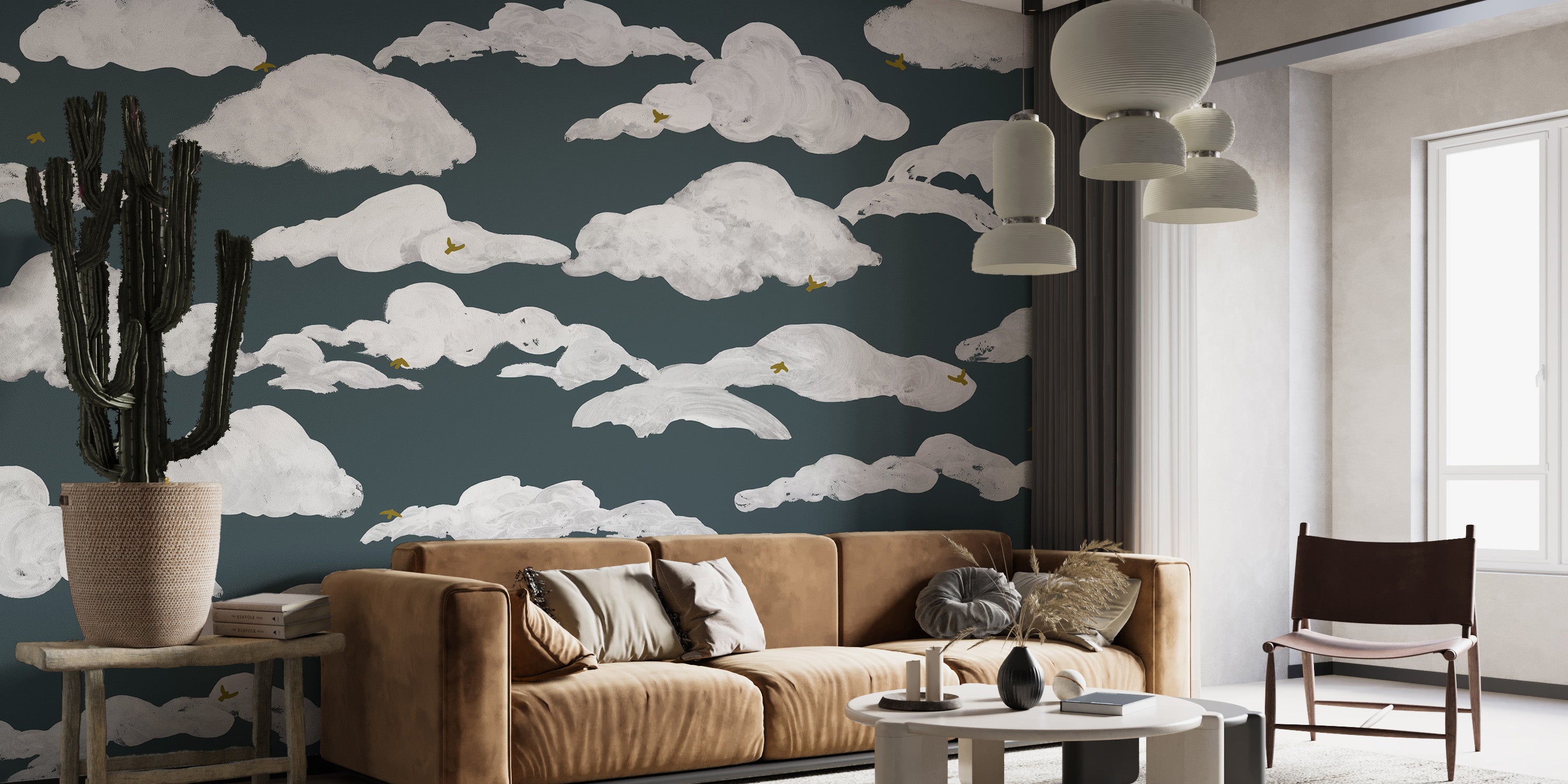 White clouds wallpaper on a dark blue background for decor