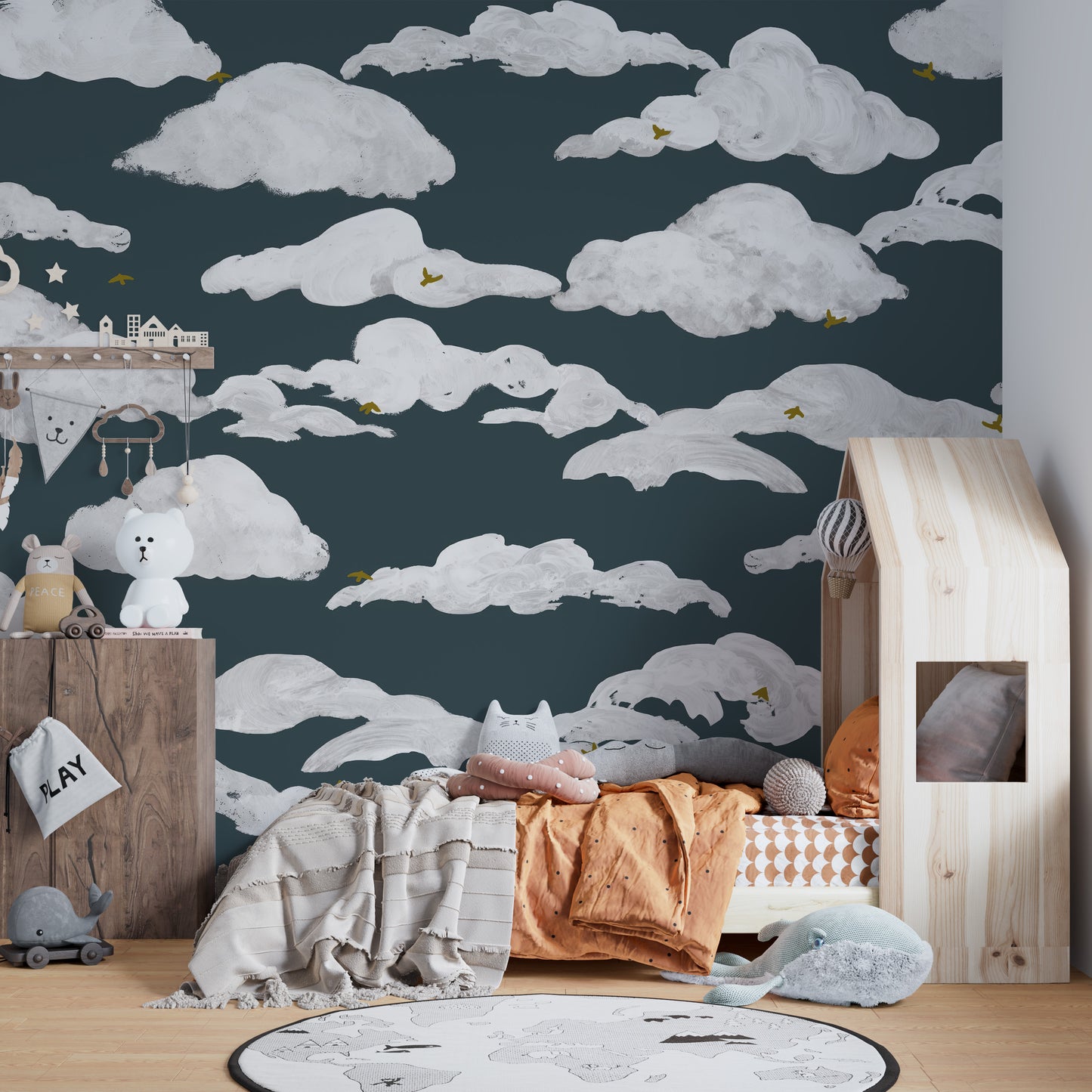 Blue and white wallpaper featuring dreamy cloud accents