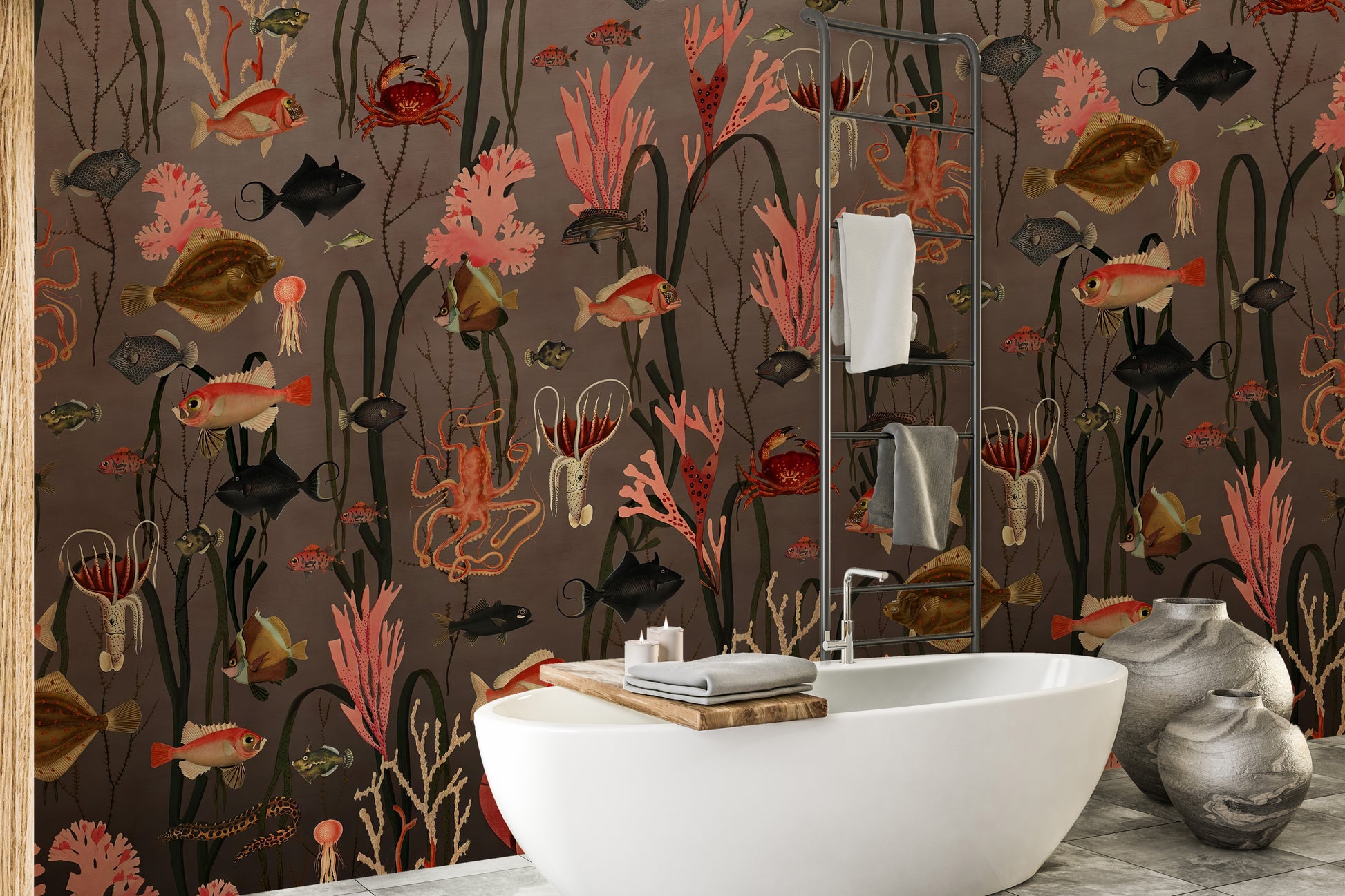 Tropical underwater wallpaper with coral and marine life.