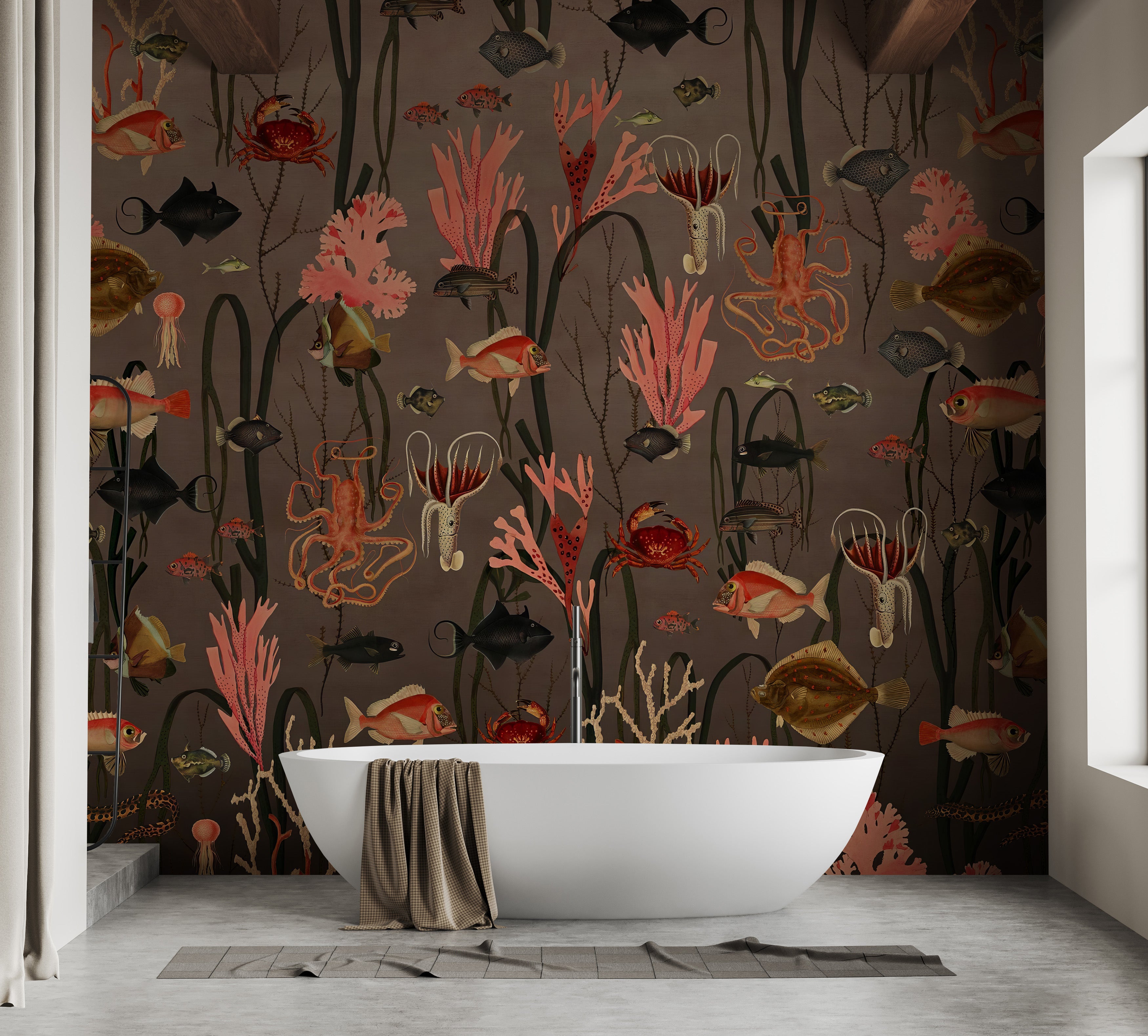 Colorful fish and seaweed wallpaper for ocean decor.