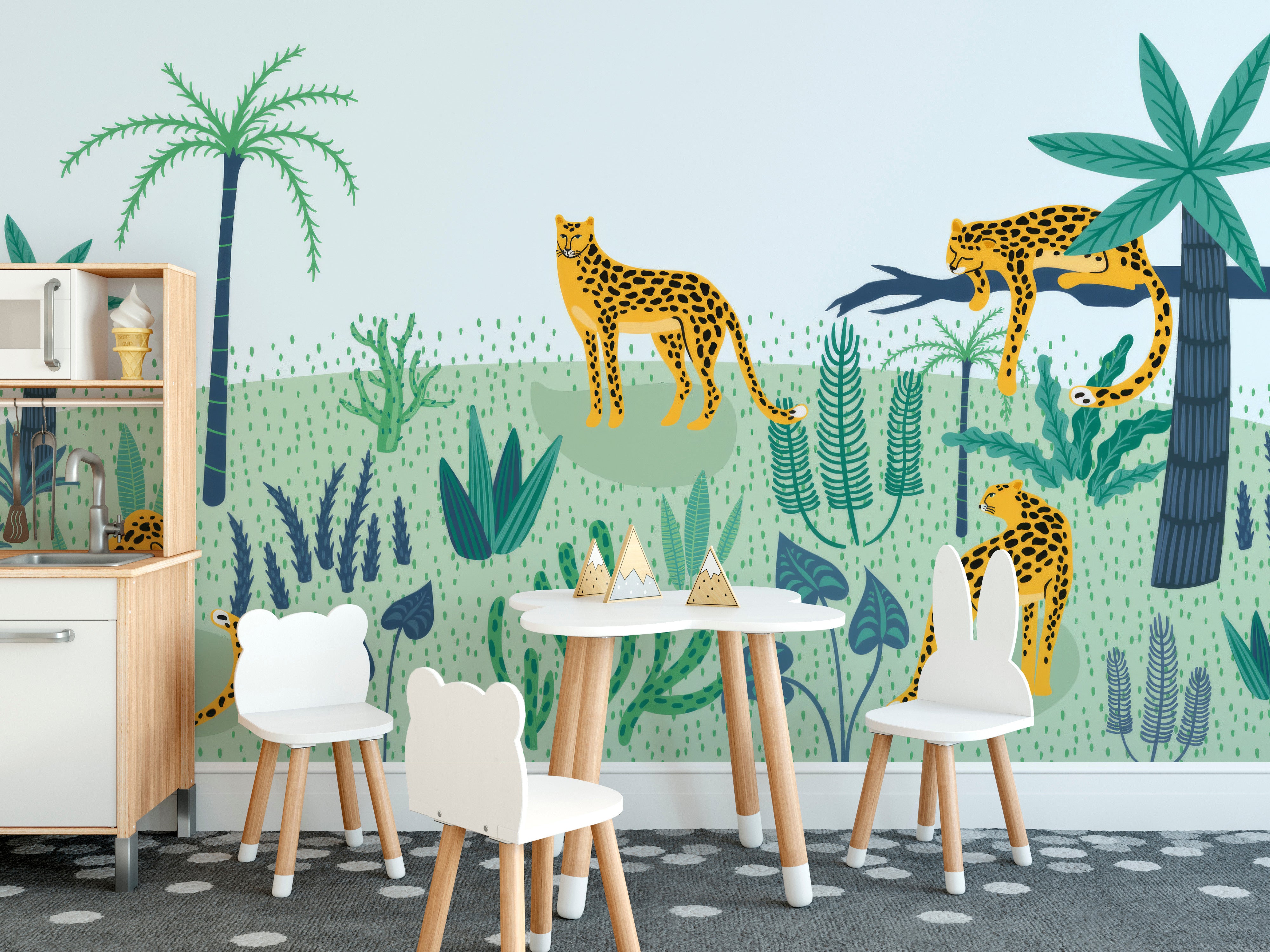 Abstract leopard jungle mural wallpaper with lush greenery