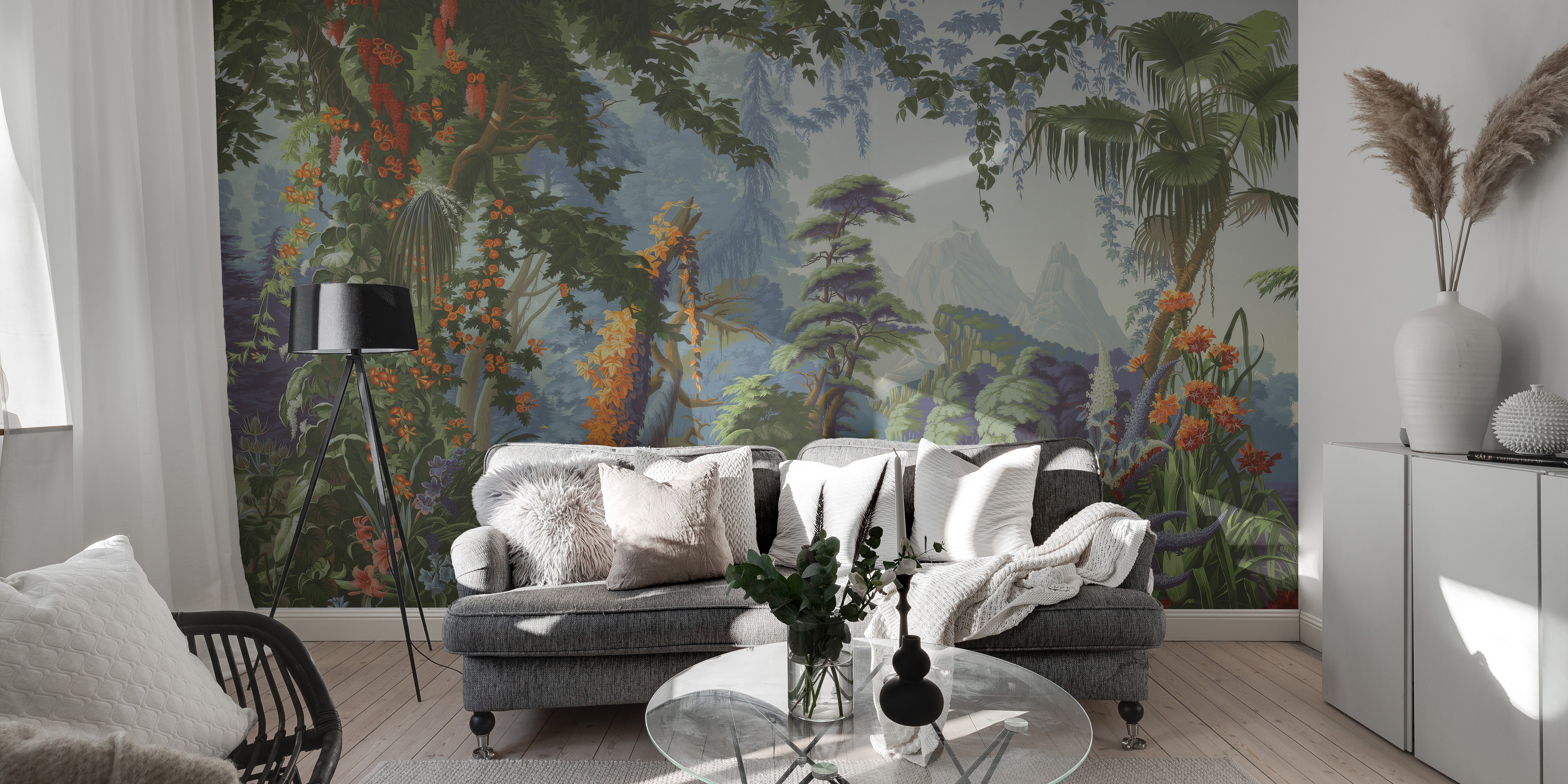 Colorful forest wallpaper mural featuring cascading waterfall