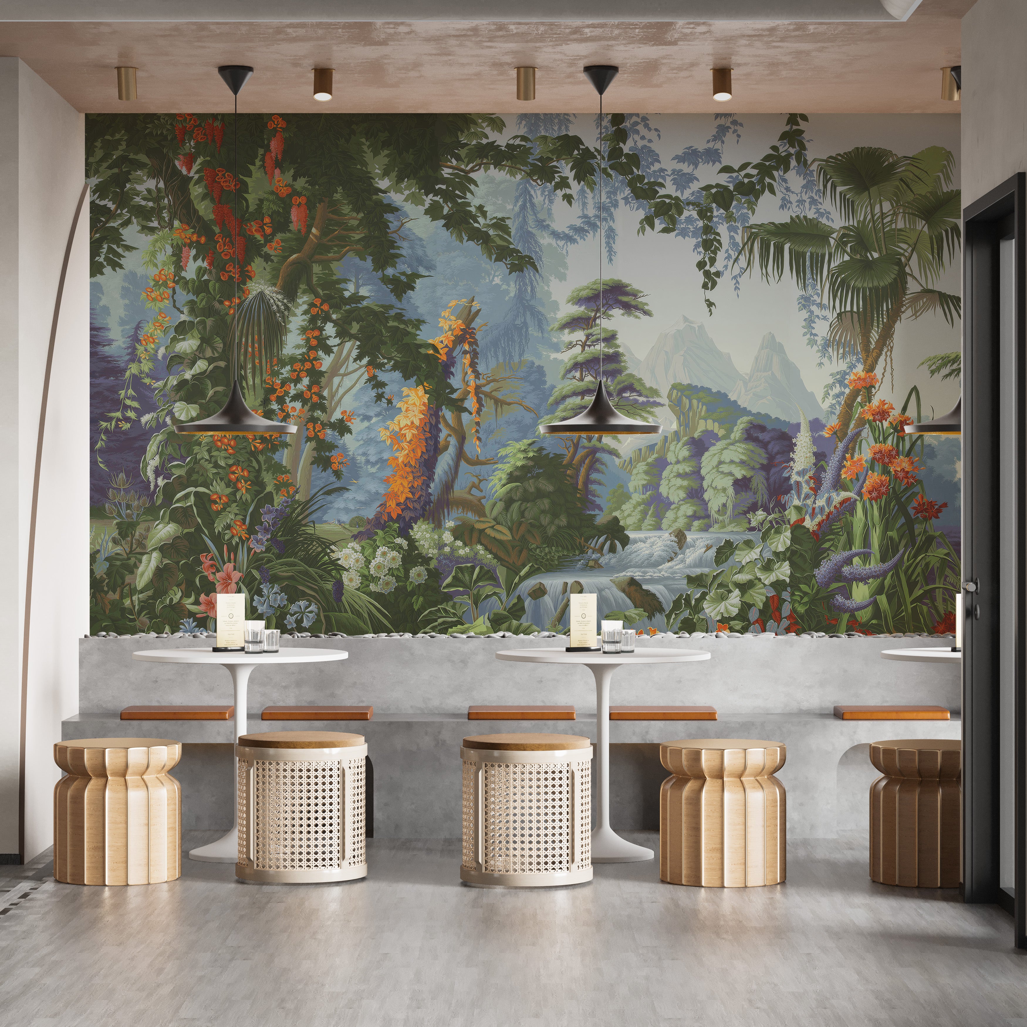 Peaceful forest wallpaper mural with flowing water stream