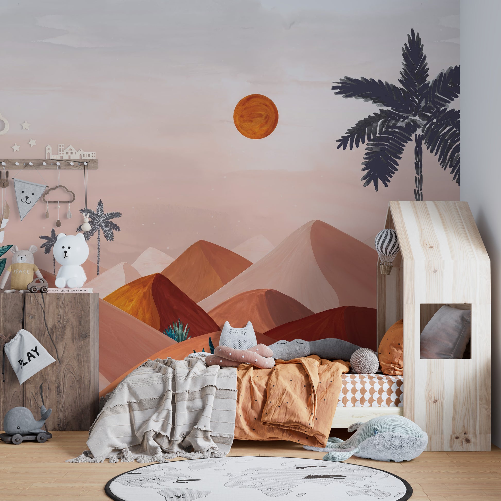 Daytime mountain mural wallpaper with warm earthy tones