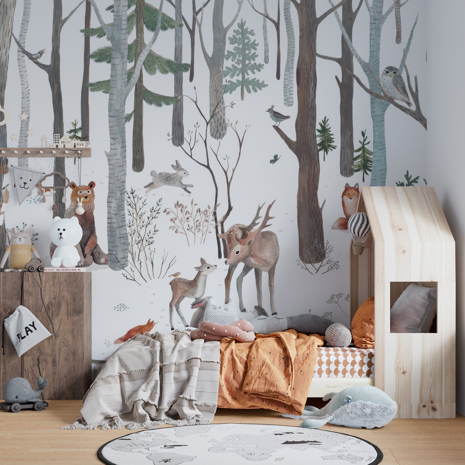 Charming birch tree wallpaper with playful forest animals