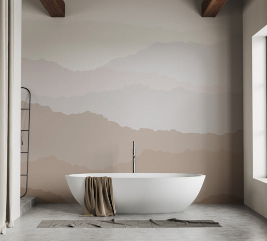 Abstract beige line wallpaper mural with soft gradients.